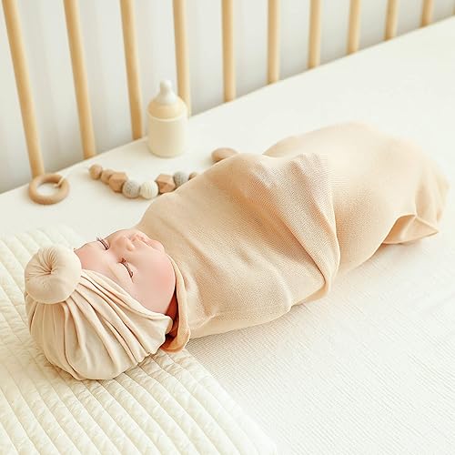 Miniatura 8 de Trilly Juego de manta de bebé con turbante de bebé (beige), 12 calcomanías de hitos para niñas, sacos de envoltura para recién nacidos, regalos de