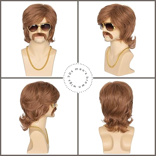 Miniatura 3 de Miss U Hair - Pelucas de fiesta marrón de los años 70 para hombre, peluca de salmonete, peluca de Halloween con accesorios de los años 70, collar,