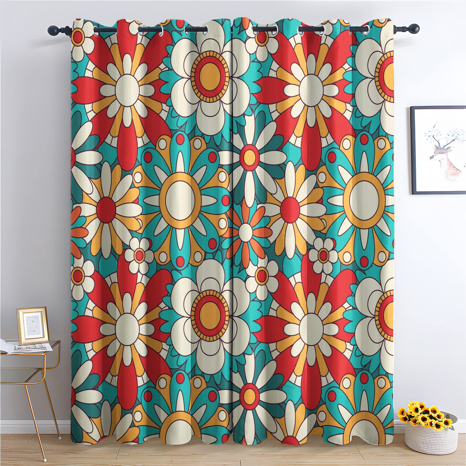 Takuan Styled Floral Curtains For Bedroom Living Room, Retro Blackout Curtains 46 X 54 Inch 2 Panels Set, Thermal Eyelet Drapes, 54 Drop Decorative Patterned Window Treatments