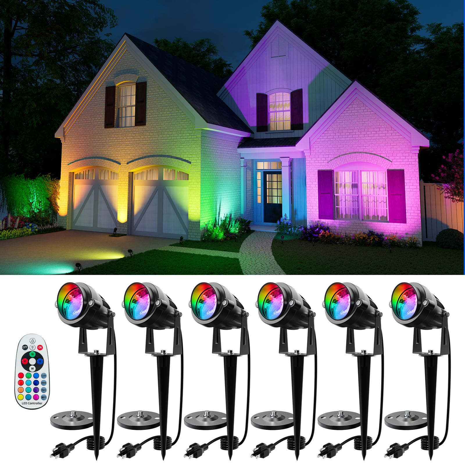 6 Pack Color Change Spotlights for Decor Lighting 120V Remote Waterproof Plug-in Multicolor Landscape Spot Light Uplight for Yard Decoration, Tree, Bush, Status, Indoor Plant, Picture &amp; Painting