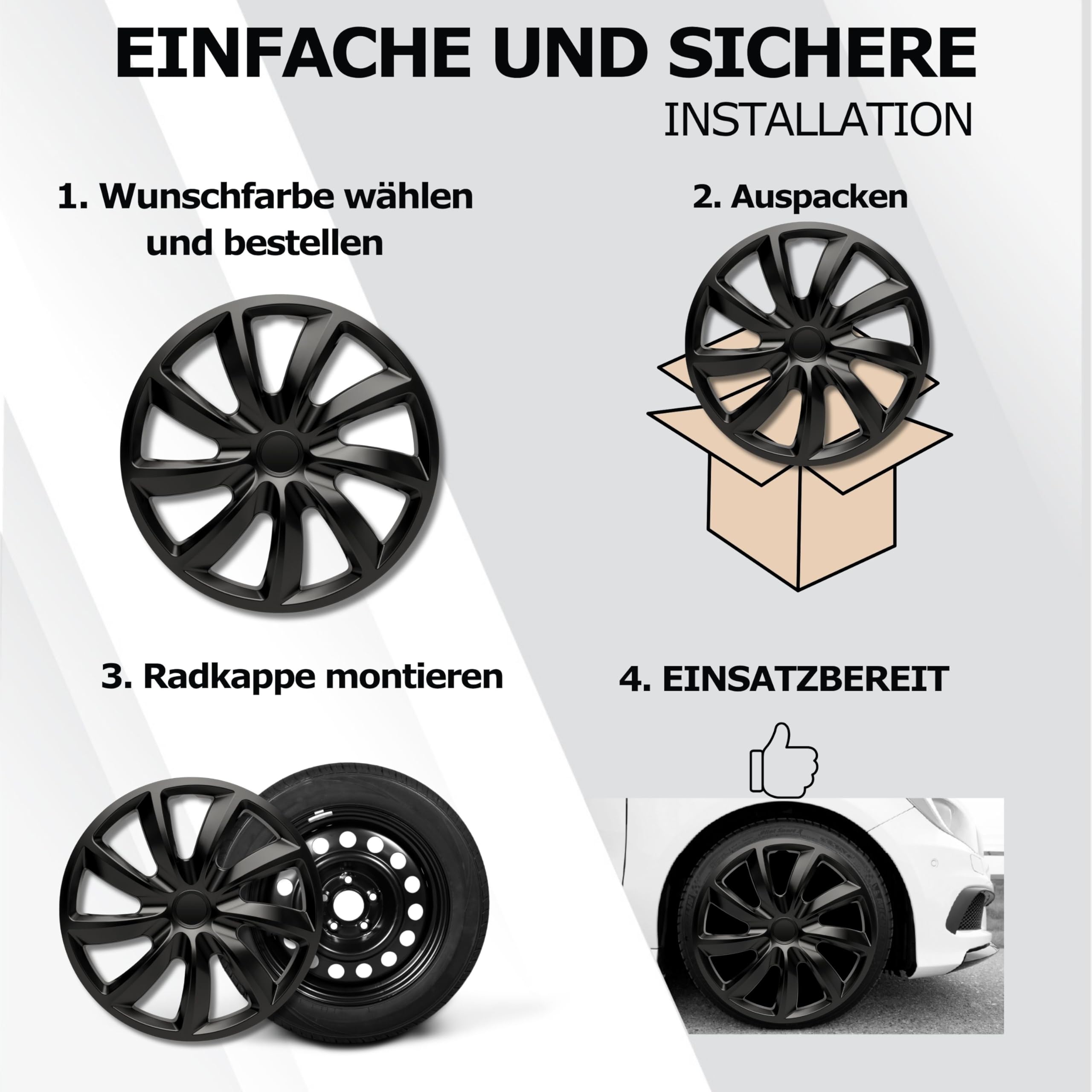 Radkappen 16 Zoll Schwarz Radzierblenden 4er-Set Aqua für Stahlfelgen | Zierkappen, Radblenden & Felgenabdeckung, rostfrei & witterungsbeständig, einfache Clip-Montage, für die meisten Automarken