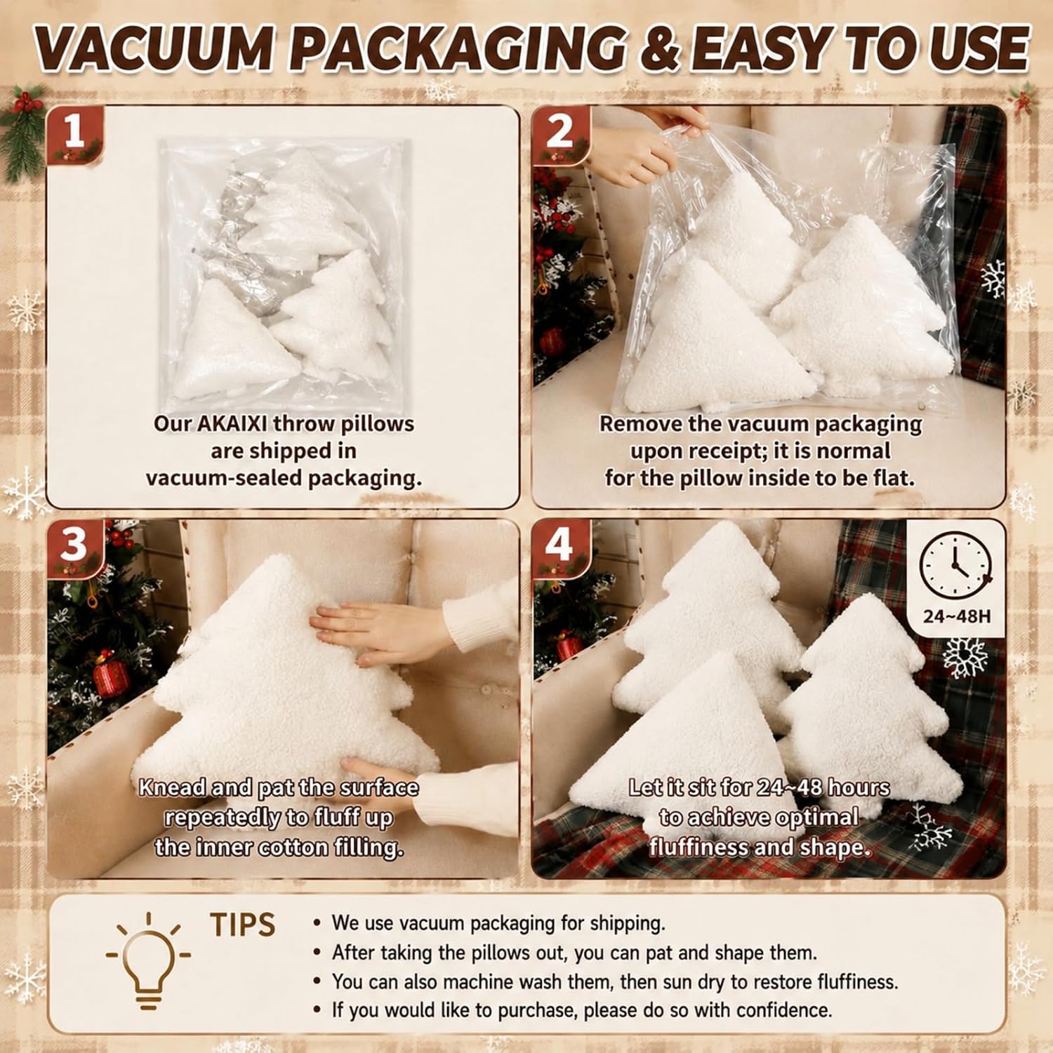 Shappy 3 Pcs Christmas Tree Throw Pillows White Decorative Pillows image 3