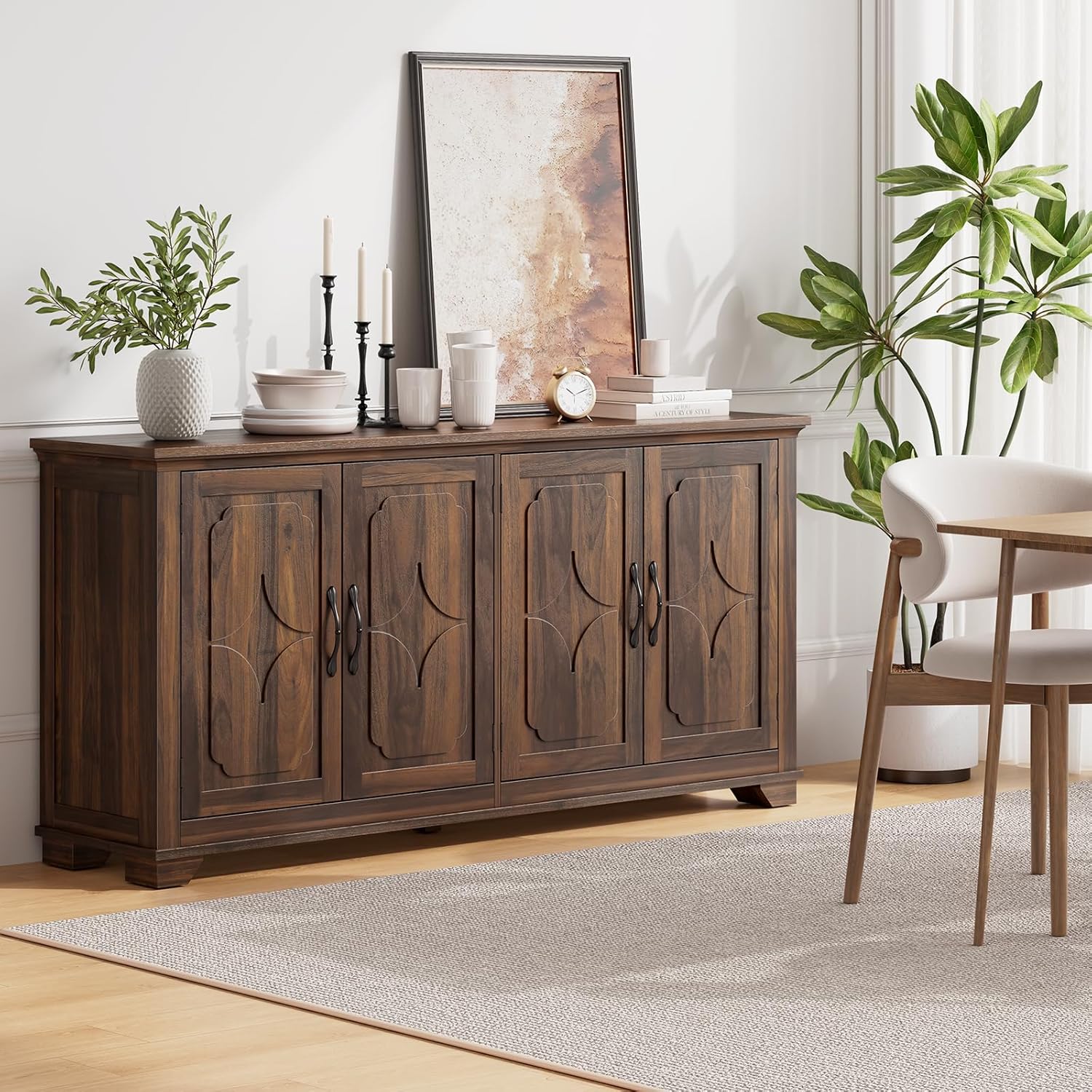 ONBRILL 63 Inch Buffet Cabinet with Storage, Large Sideboard Cabinet with 4 Carved Doors, Modern Credenza Storage Cabinets w/Adjustable Shelves for Kitchen, Living Room, Brown