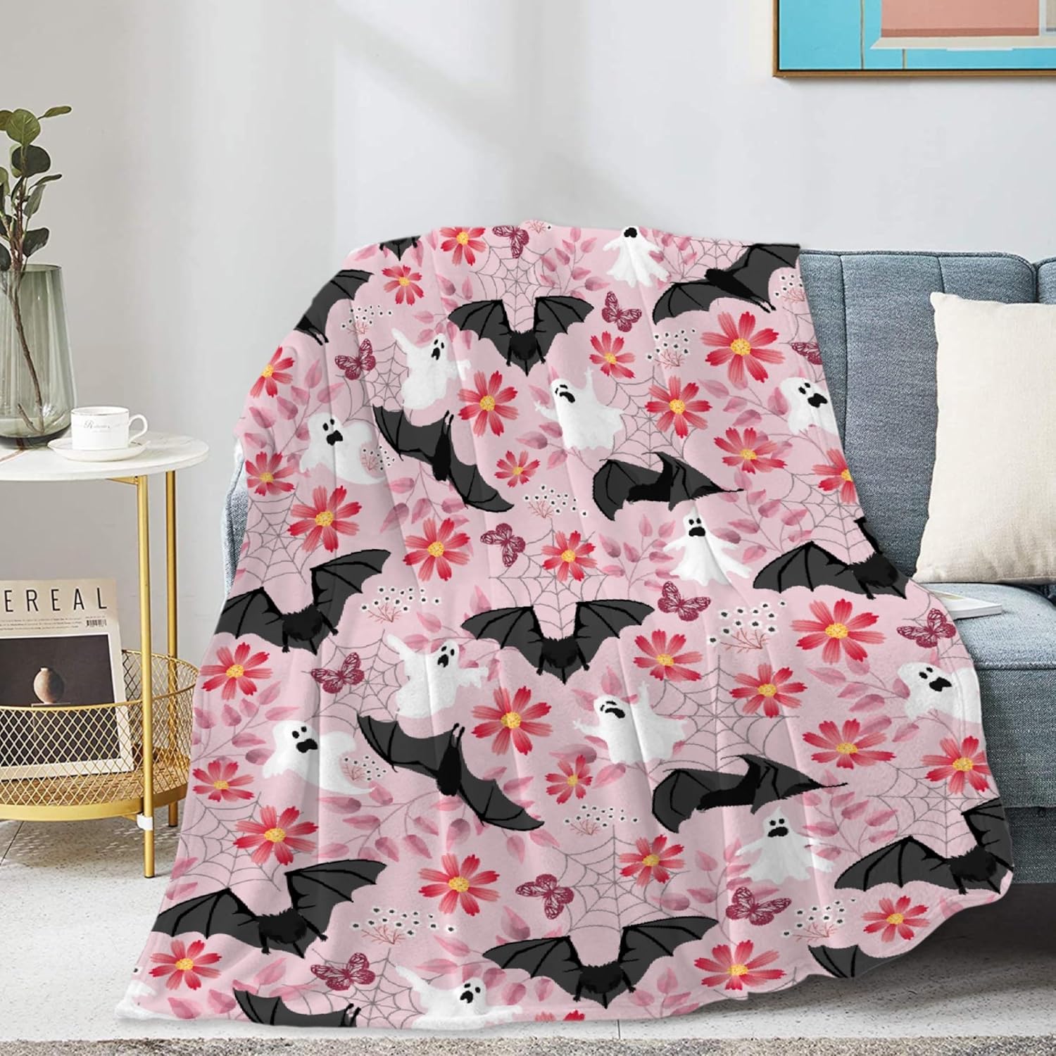 Bat Floral Halloween Blanket Gifts Flannel Lightweight Soft Cozy Halloween Cute Ghosts Bats Pink Blankets Throws Bedding Couch Sofa Bedroom Travel Girls Boys 40"x50" for Kid
