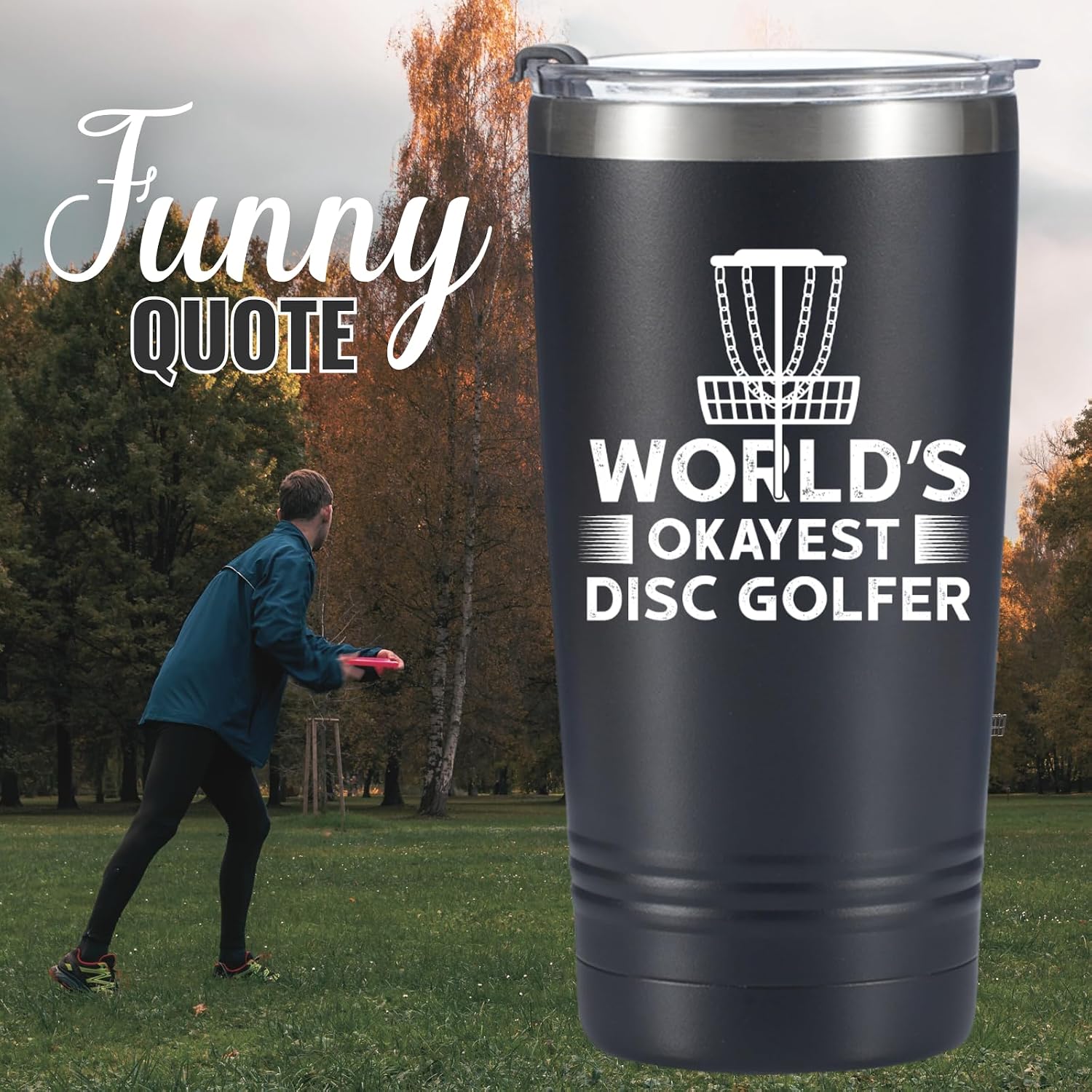 Onebttl Disc Golf Gifts - 20oz Travel Insulated Tumbler with Straw, Brush, and Lid - World's Okayest Disc Golfer