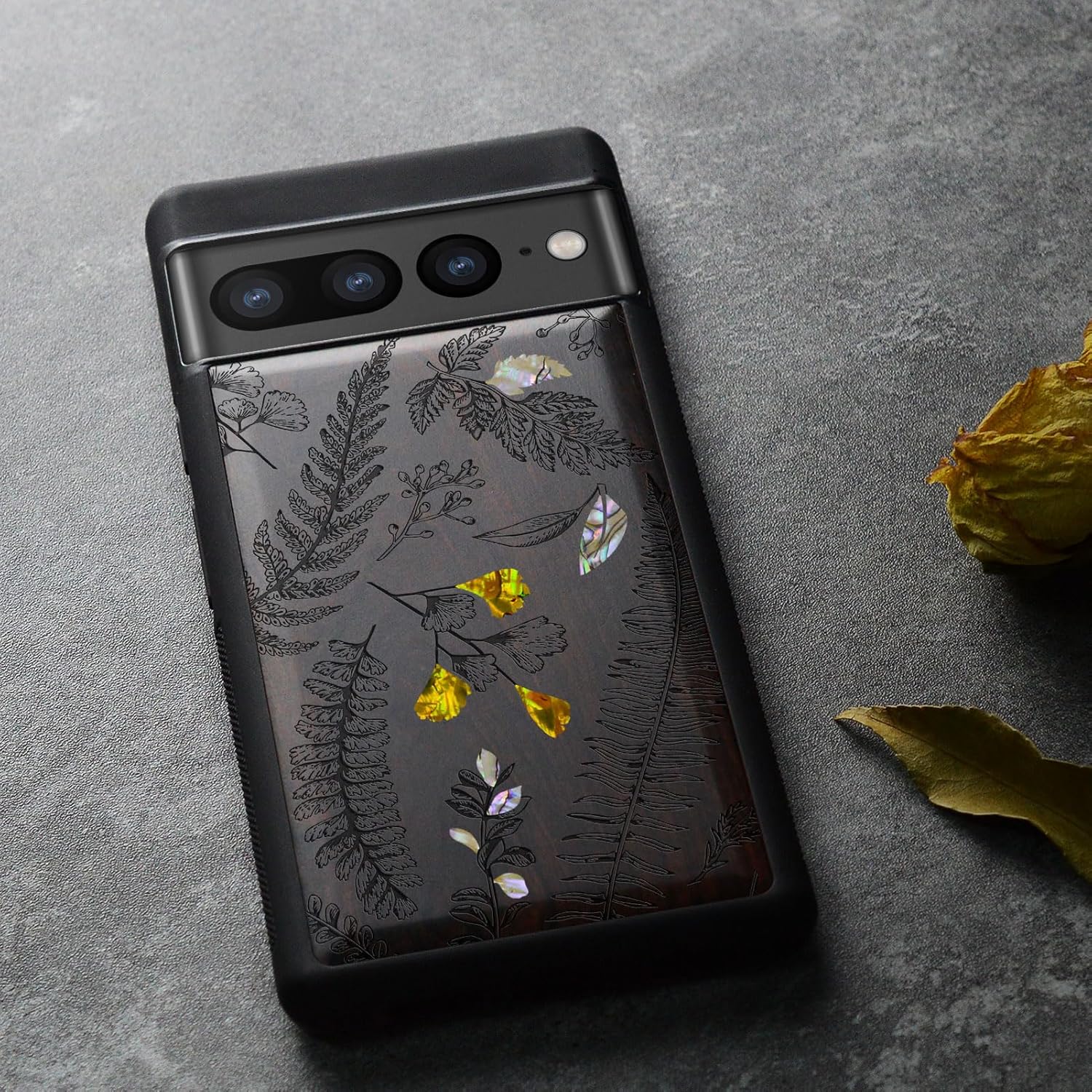 Carveit Designer Wooden Case for Google Pixel 7 Pro Case [Wood Engraving & Shell Inlay] Compatible with Wireless Chargers Pixel 7 Pro (Fern Leaves & Herbs-Blackwood)