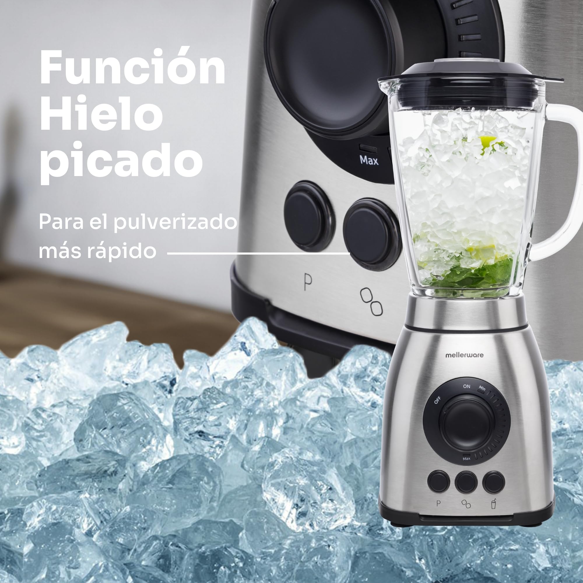 Mellerware - Mikser do kubków z filtrem Mixy Plus! 2000 W | 3 stopnie prędkości + Turbo | Szklany dzbanek 1,8 l | 6 ostrzy | Lodołamacz | Mikser bez grudek | stal nierdzewna | nadaje się do mycia w