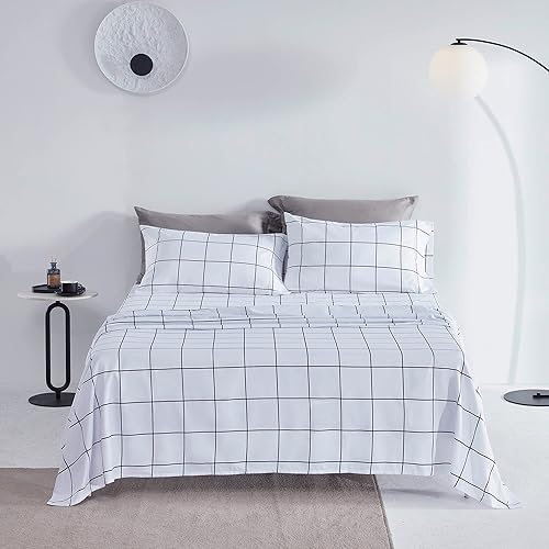 Miniatura 7 de SLEEP ZONE Juego de sábanas de tamaño matrimonial de 4 piezas a cuadros estampados, sábanas de microfibra de doble cepillado súper suaves y
