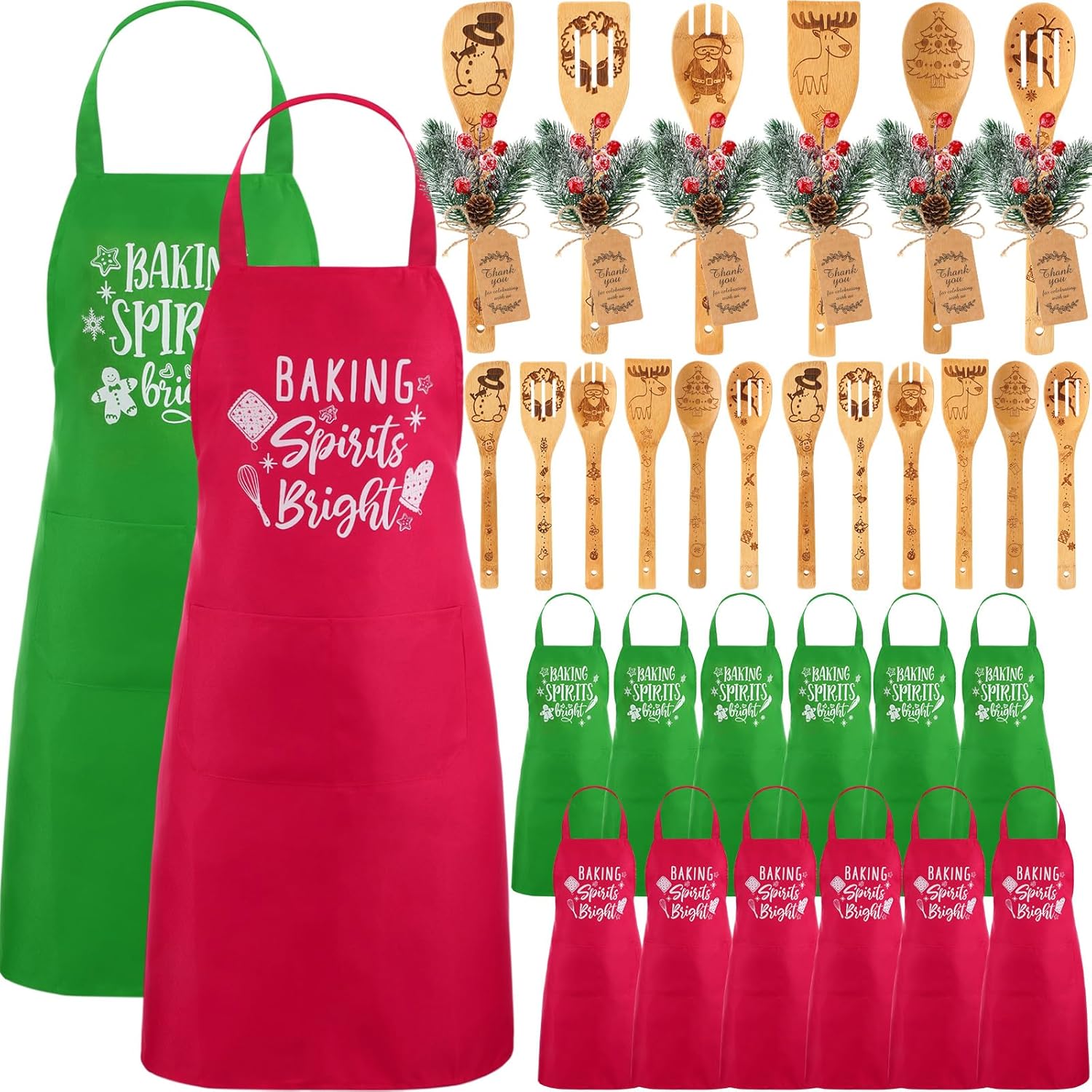 48 Pcs Christmas Kitchen Gift Sets Xmas Cooking Utensils Include Red Green Xmas Aprons Bamboo Cooking Spoon Spatulas with Artificial Picks Thank You Tags for Holiday Housewarming Gifts