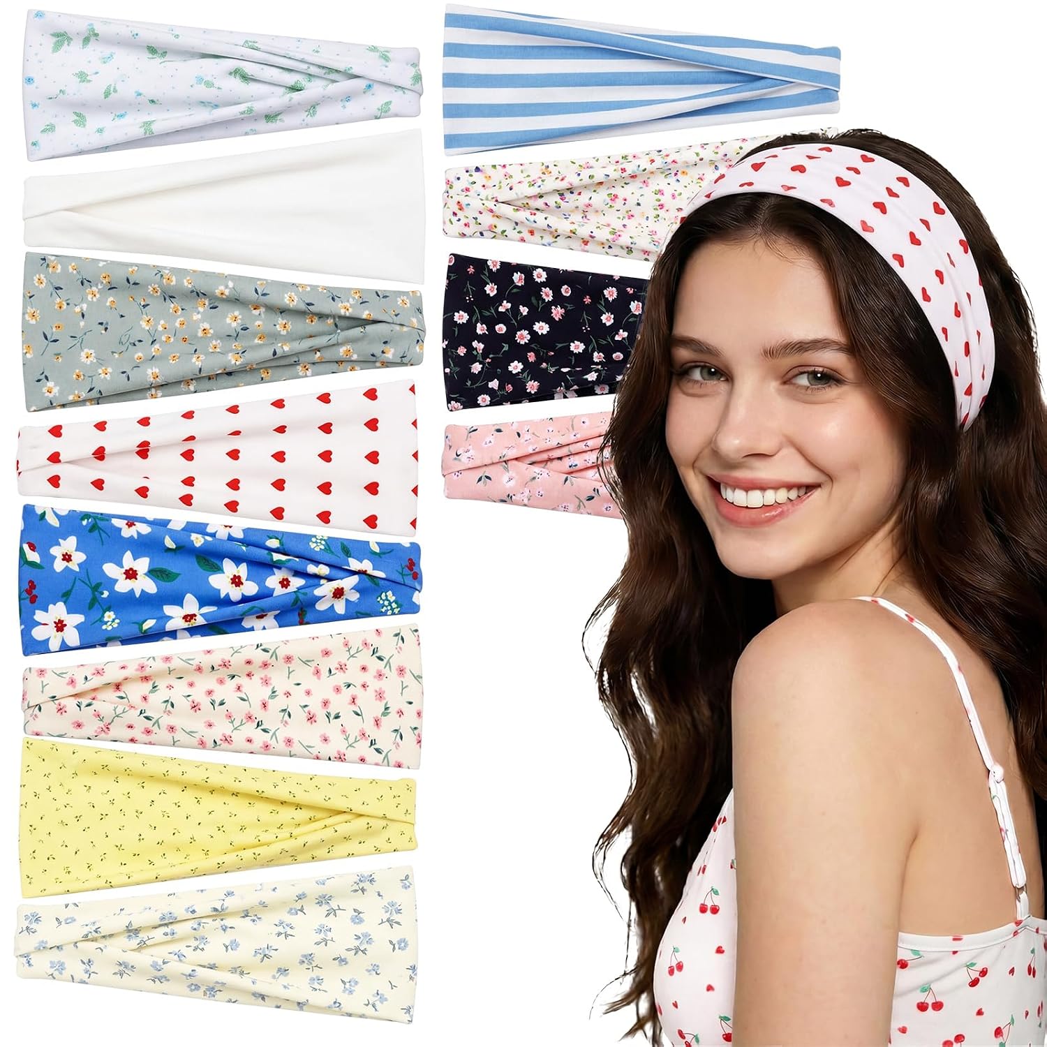 Skicuff 12 Pack Cute Headbands for Girls Women Summer Outfits Non Slip Elastic Floral Hairbands, Soft Fabric 2.4 Inches Thick Stripe Head Bands Y2k Hair Accessories for Daily Yoga Beach Music Festival