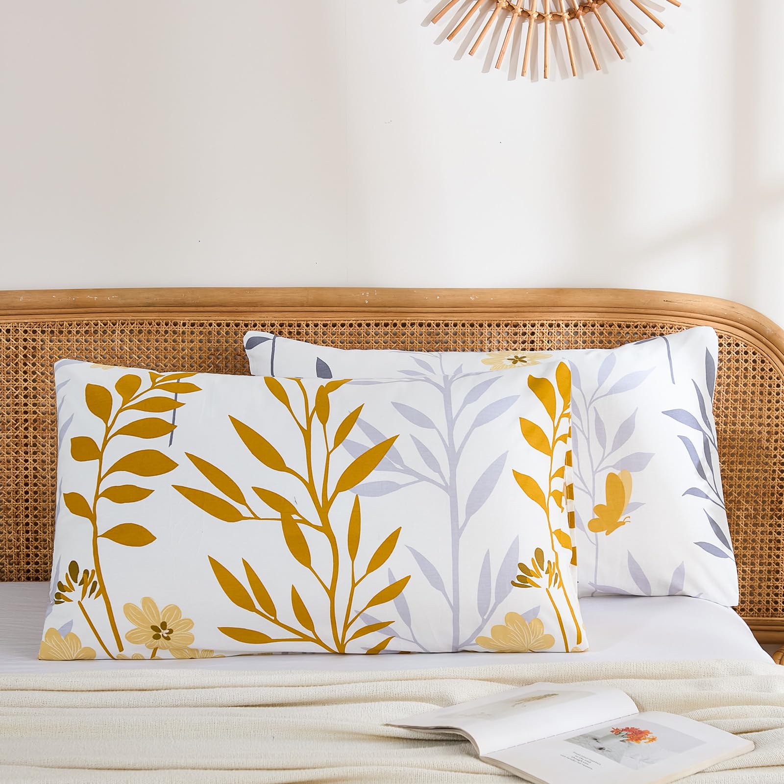 Herside Queen Size Pillowcases Set of 2, 100% Cotton Pillow Cases, Yellow Floral Print, Soft Breathable Envelope Closure Pillow Covers(Queen, 50x75cm)