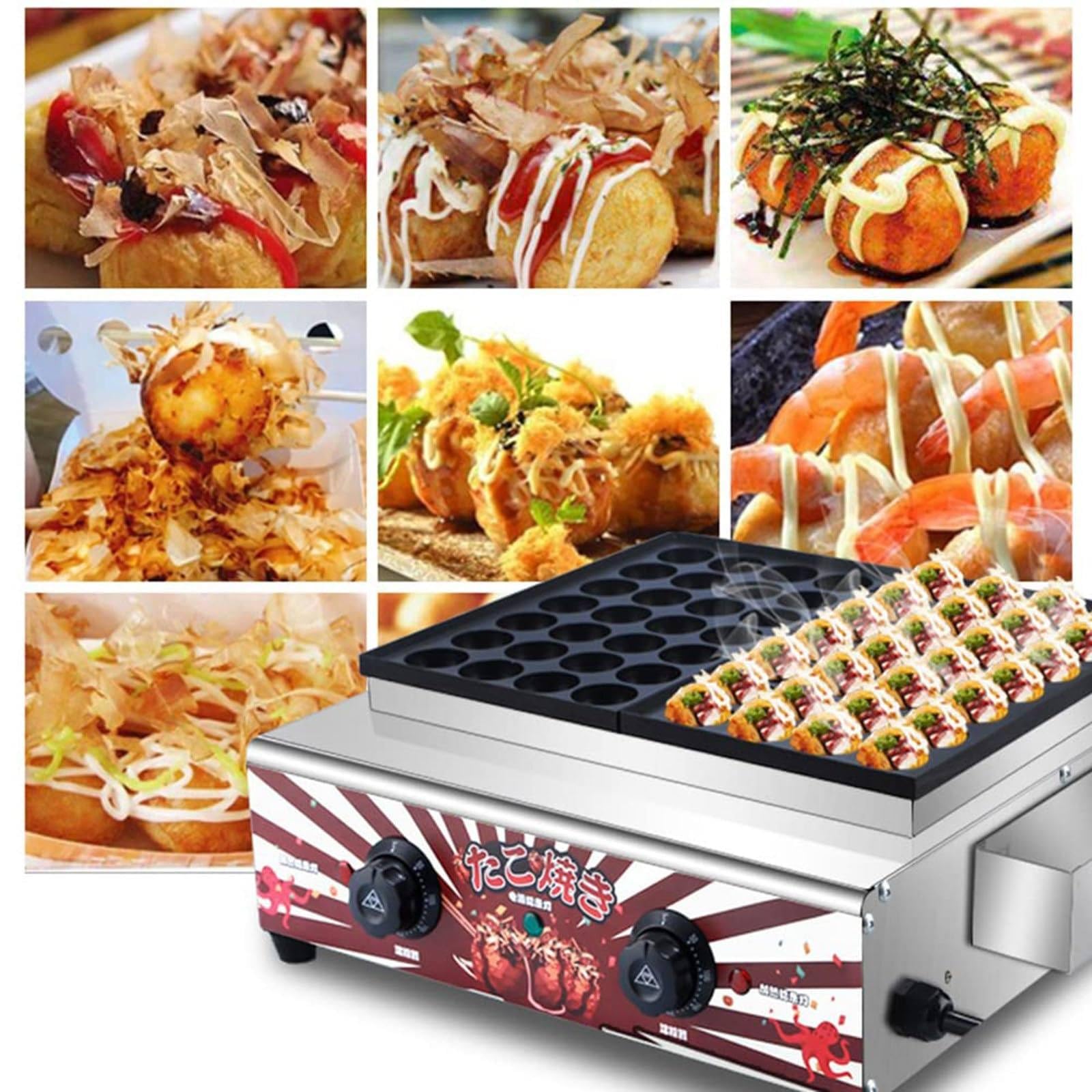 Komercyjny grill Takoyaki, 56 szt., japońska maszyna do robienia klopsików z ośmiornicy, maszyna do robienia klopsików z ośmiornicy, 2000 W, z niezależną kontrolą temperatury
