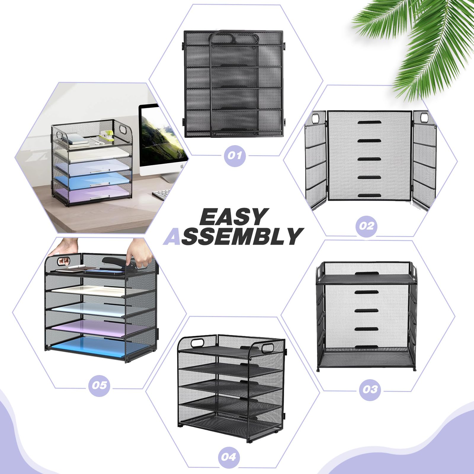 Mesh Letter Tray Organiser - 5 Tier Paper Organizer, Mesh Desk Organiser with Handle, Black File Document Holder A4 Filing Trays, Desk File Rack Paper Letter Tray Organizer for Home Office School - Image 4