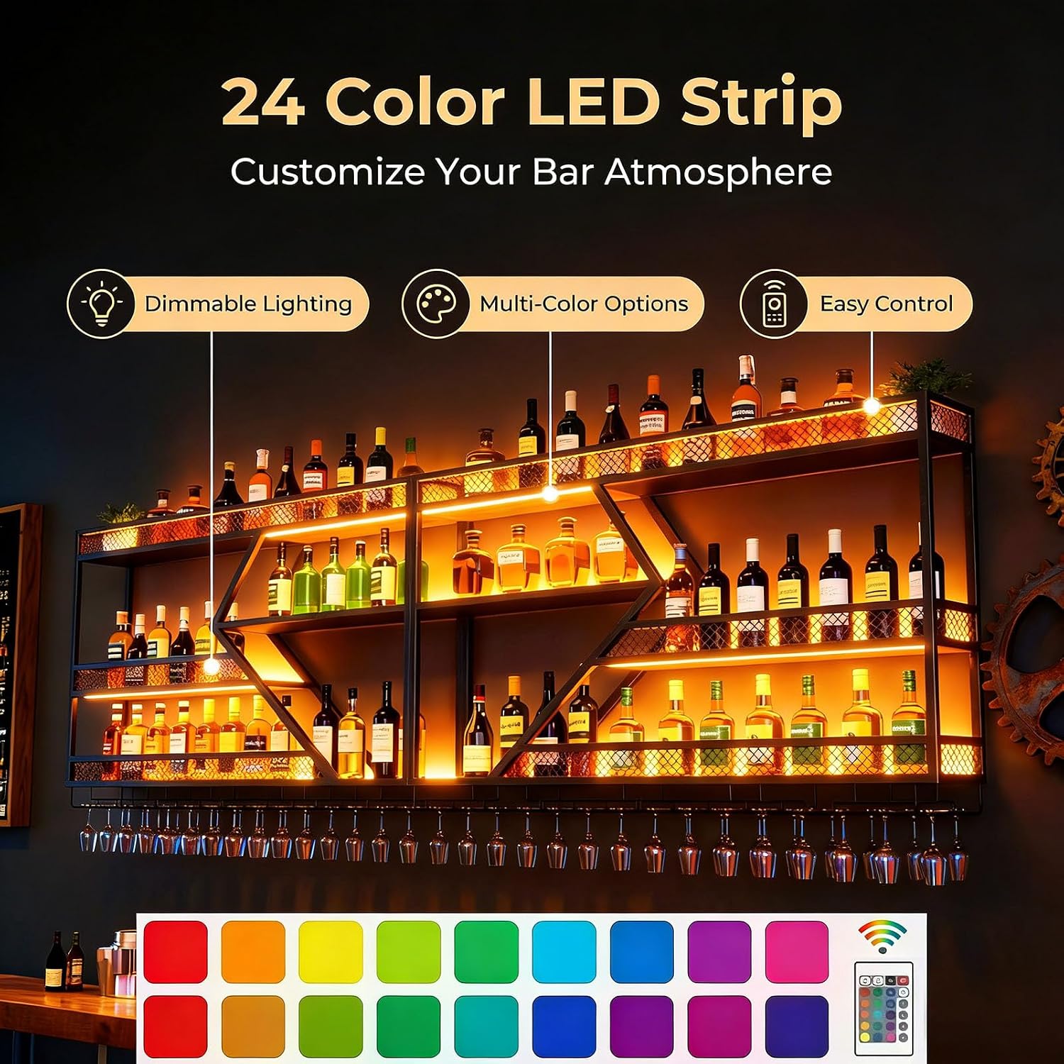 Wall Mounted Wine Rack, 71 Inch, 3-Tier Metal Bottle Shelf with Wine Glass Holder and LED Lights, Industrial Style for Home Bar, Restaurant (Black, 71in)