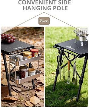 HOMGEN Portable Camping Table Foldable-Adjustable Height 15-21.6 inch-Aluminum Stable Camp Small Table with Side Hanging Bar-34.7 x 15 inch Tabletop size-Folding Compact for Camping BBQ Picnic RV Trip