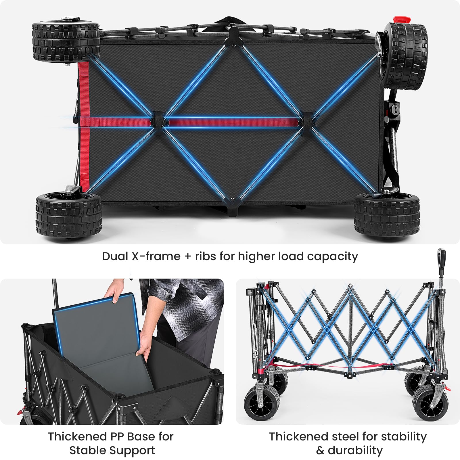YEAUPE PRO Carro Plegable Todo Terreno – Frenos Dobles, Ruedas Anchas, Estructura Reforzada, Mango Ajustable – Ideal para Playa y Camping – 200-300L, Negro — view 3