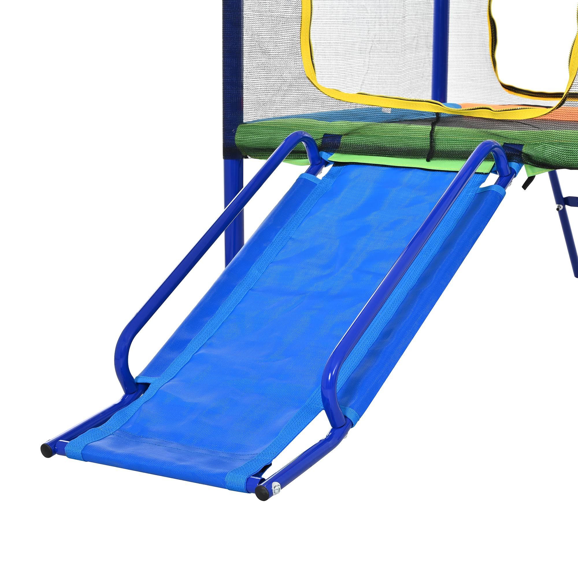 SACOOL Torre da gioco multifunzionale per bambini outdoor con trampolino, altalena, scivolo, canestro da basket, rete di sicurezza e robusto telaio in ferro per giardino, colorato