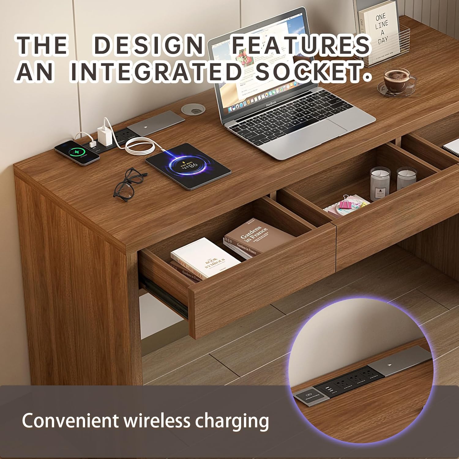 55-Inch Office Desk with Pull-Out Outlet, Computer Desk with 3 Sturdy Drawers, Writing/Gaming/Work/Study Desk for Bedroom, Living Room & Home Office, Brow (Brown, 55)