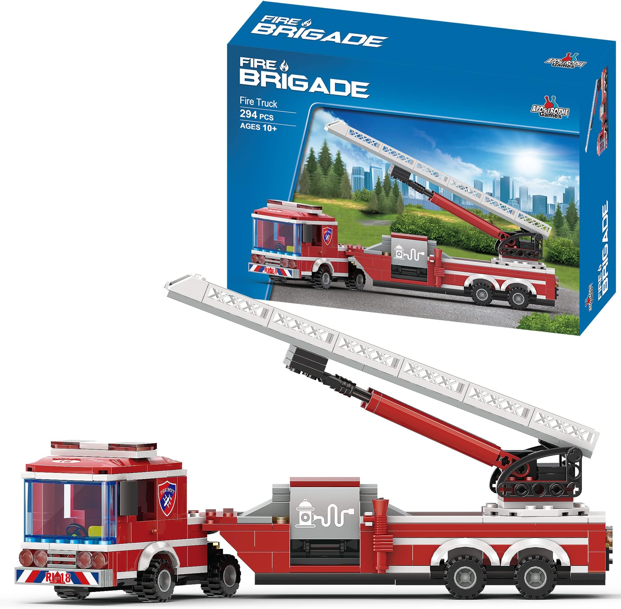 APOSTROPHE Games Fire Truck Building Block Set, Fire Fighter Building Blocks (Extended Ladder Firetruck), 294 Pieces