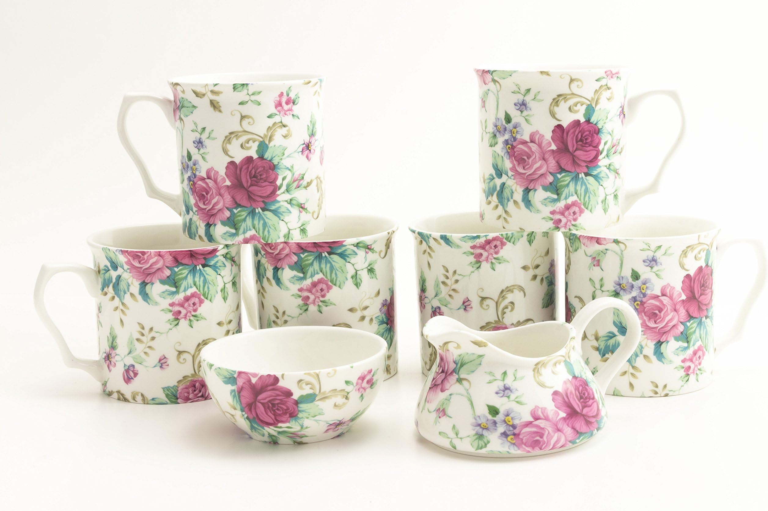Country Roses Porcelain Gift Set - 6 Porcelain Mugs, 1 Sugar Bowl & Cream - by Shannonbridge Ireland