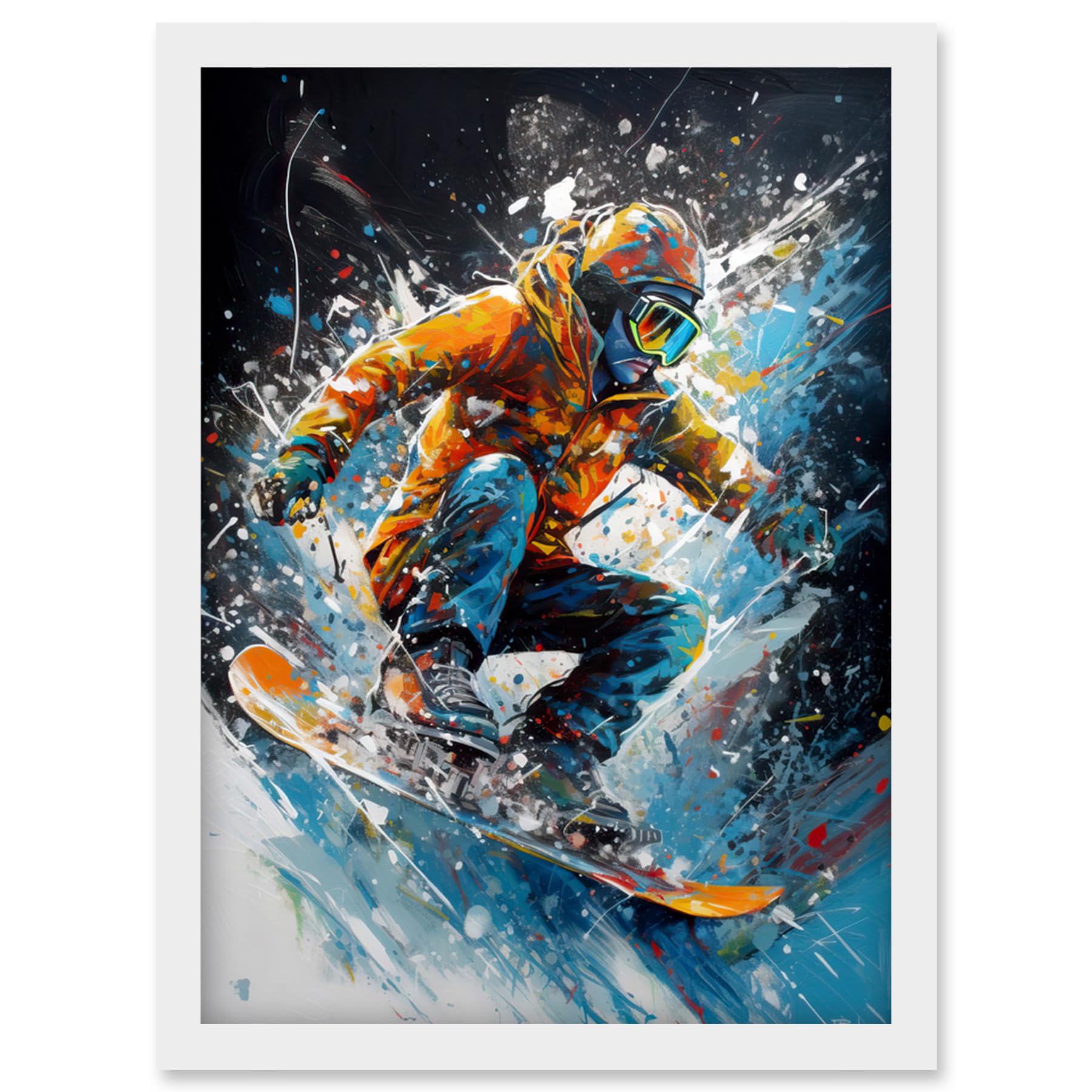 Artery8 Snowboarder Landing Snowboard Jump Splatter Paint Artwork Framed Wall Art Print A4