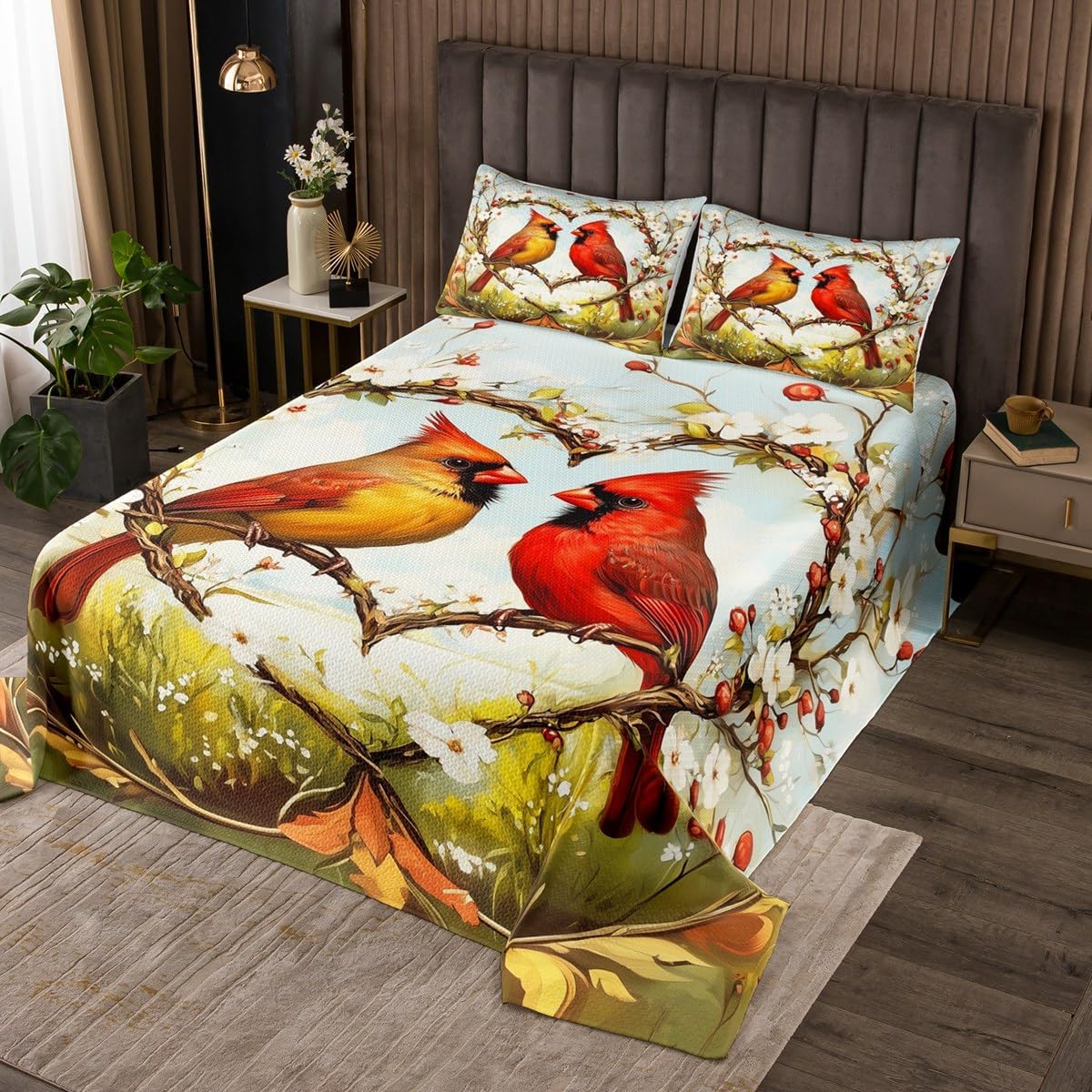 Homewish Xmas Bird Bedding Sets Queen Size,Red Bird Animal Bedspread for Kids Boys Girls Teen Adult Room Decor,Rustic Country Farmhouse Comforter Set Heart Shaped Weaving Quilt Set,2 Pillowcases