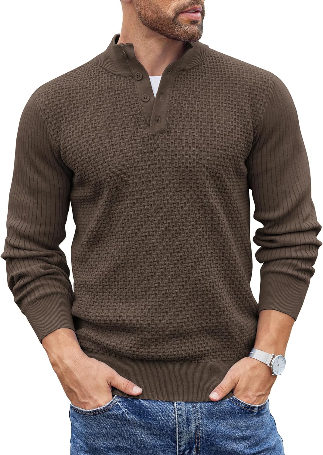 メ*ァ様 BUTCHER PRODUCTS MOCHA HENLY NECK 4 COOFANDY Men's Quarter Button Sweater Lightweight Mock Neck