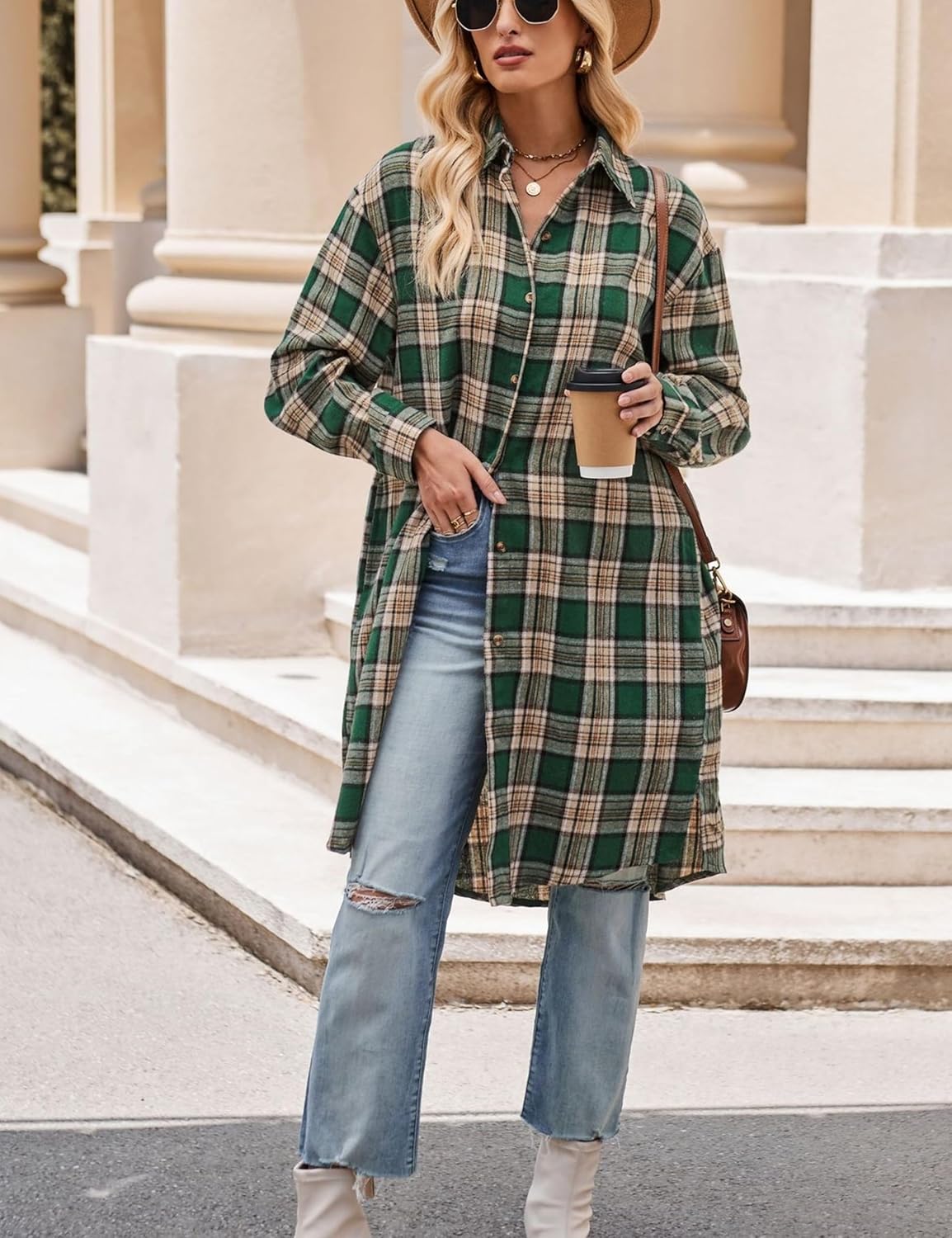 Zontroldy Women's Mid Long Casual Button Down Long Flannel Shirts Plaid Shacket Jacket with Pockets - Image 2