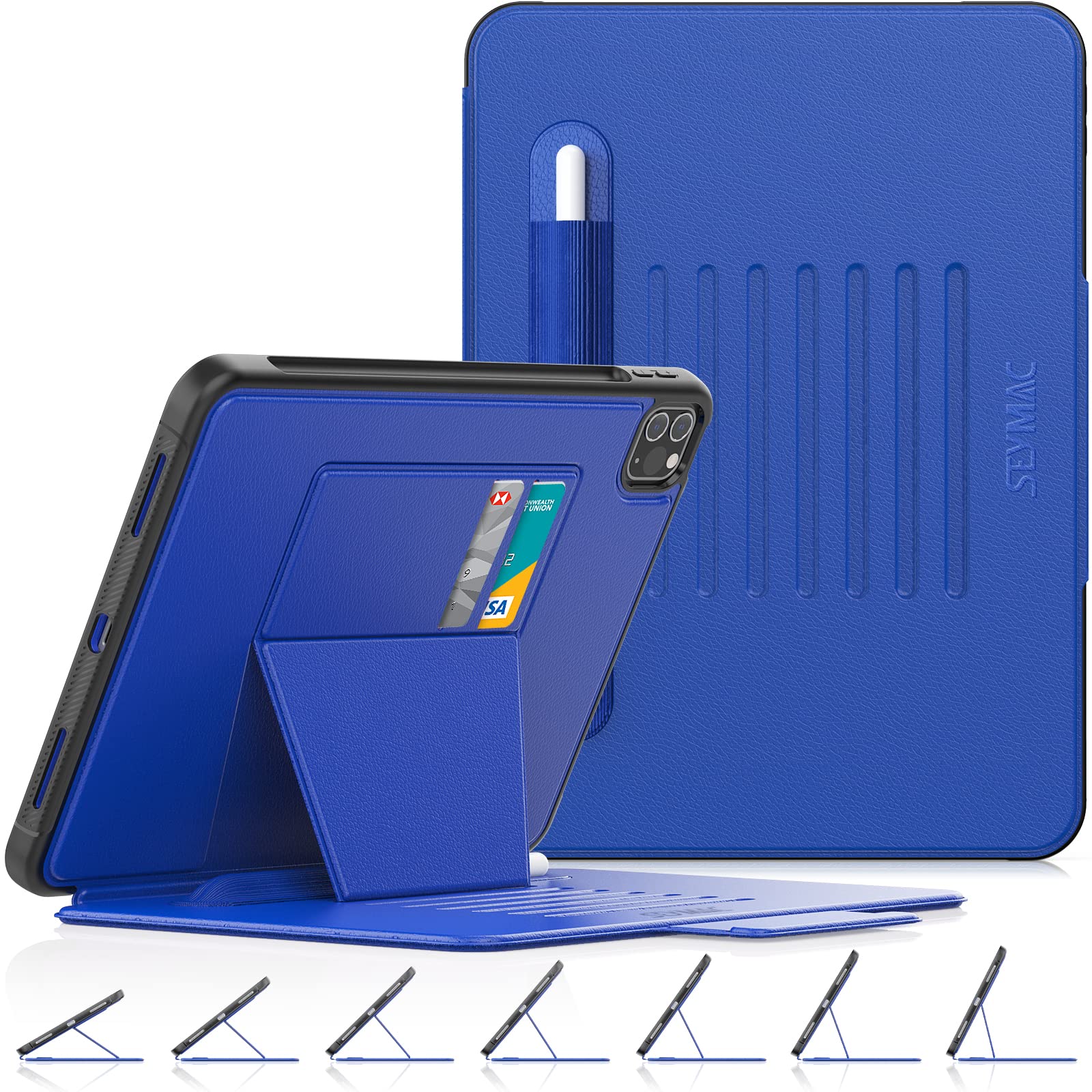 SEYMAC stockCase for iPad Air 5th/4th Generation 10.9 Inch & Pro 11'' 2022/2021/2020/2018, Sturdy Shockproof Case with Pencil Holder, Multi-angle Magnetic Stand & Card Slot, Auto Sleep/Wake, Blue