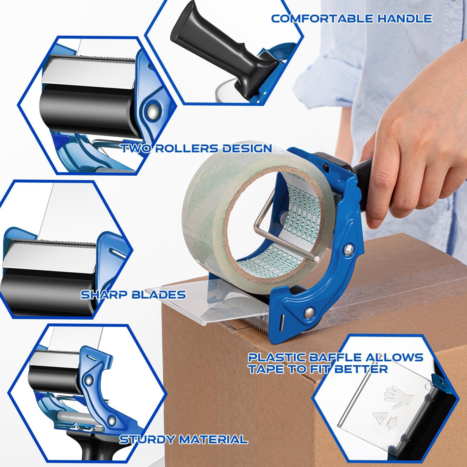 Jetec Klebebandabroller mit Klinge, 7,6 cm, Rot und Blau, für Verpackungsboxen, strapazierfähig, leicht, Dichtungsschneider für Geschenkverpackungen, Papierschneider, 8 Stück