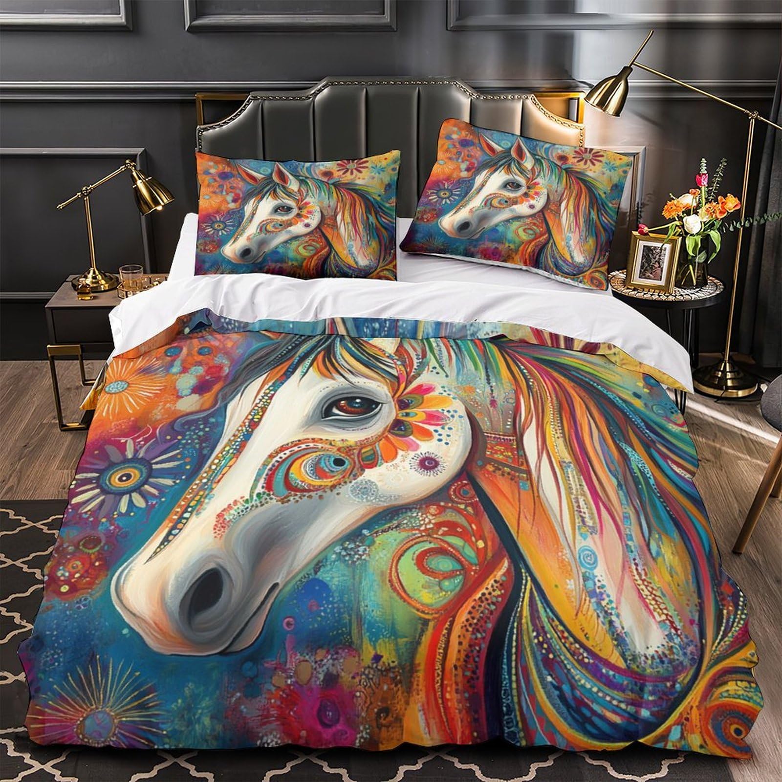Housse de couette cheval 140x200cm parure de lit enfant super douce microfibre respirante 3D