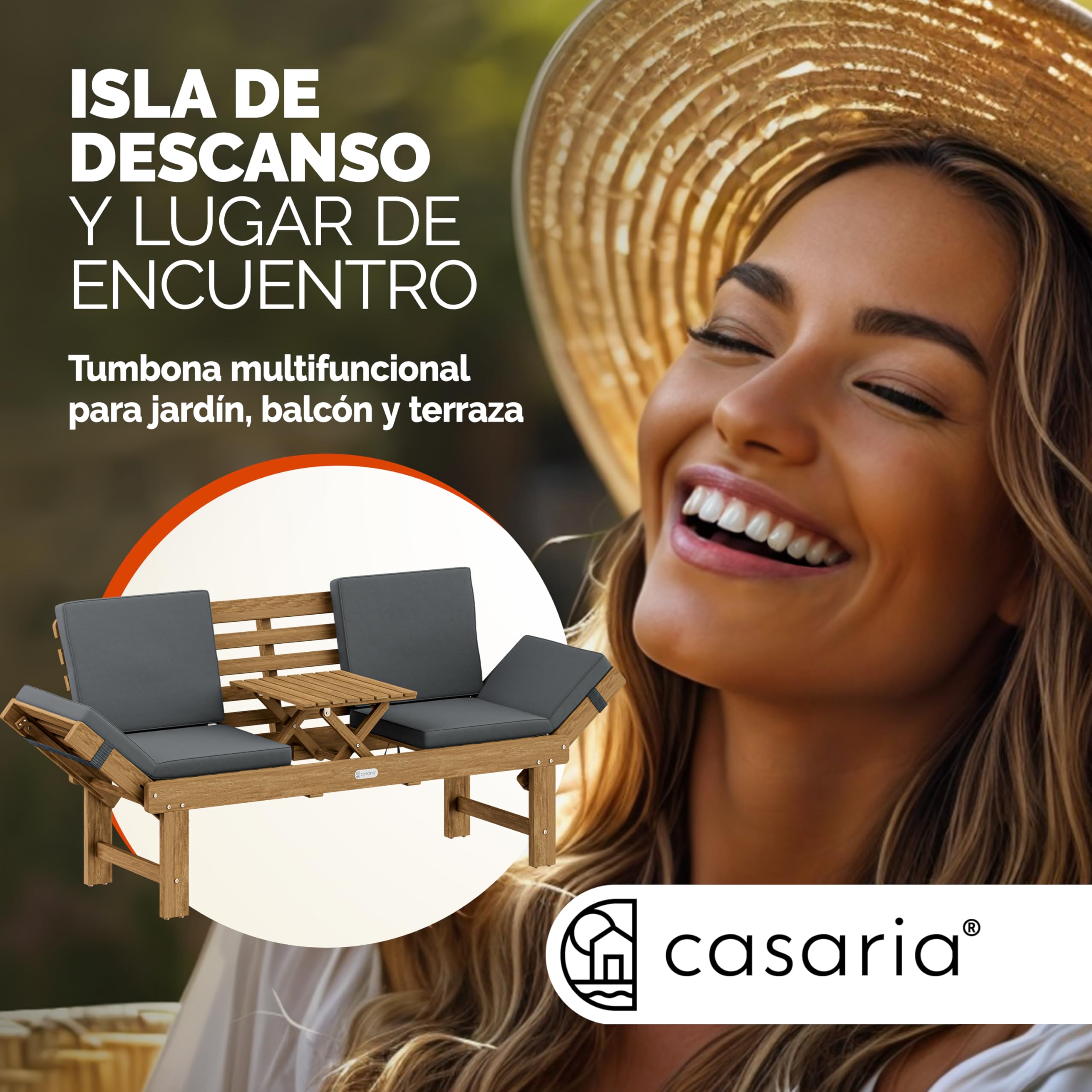 CASARIA Banco de Jardín Plegable con Mesa 200x50cm Madera de Acacia | Certificación FSC, Carga hasta 320Kg, Tumbona 200cm, Incluye Cojines, Mesa desplegable, Patio, Terraza, Resistente, Robusto