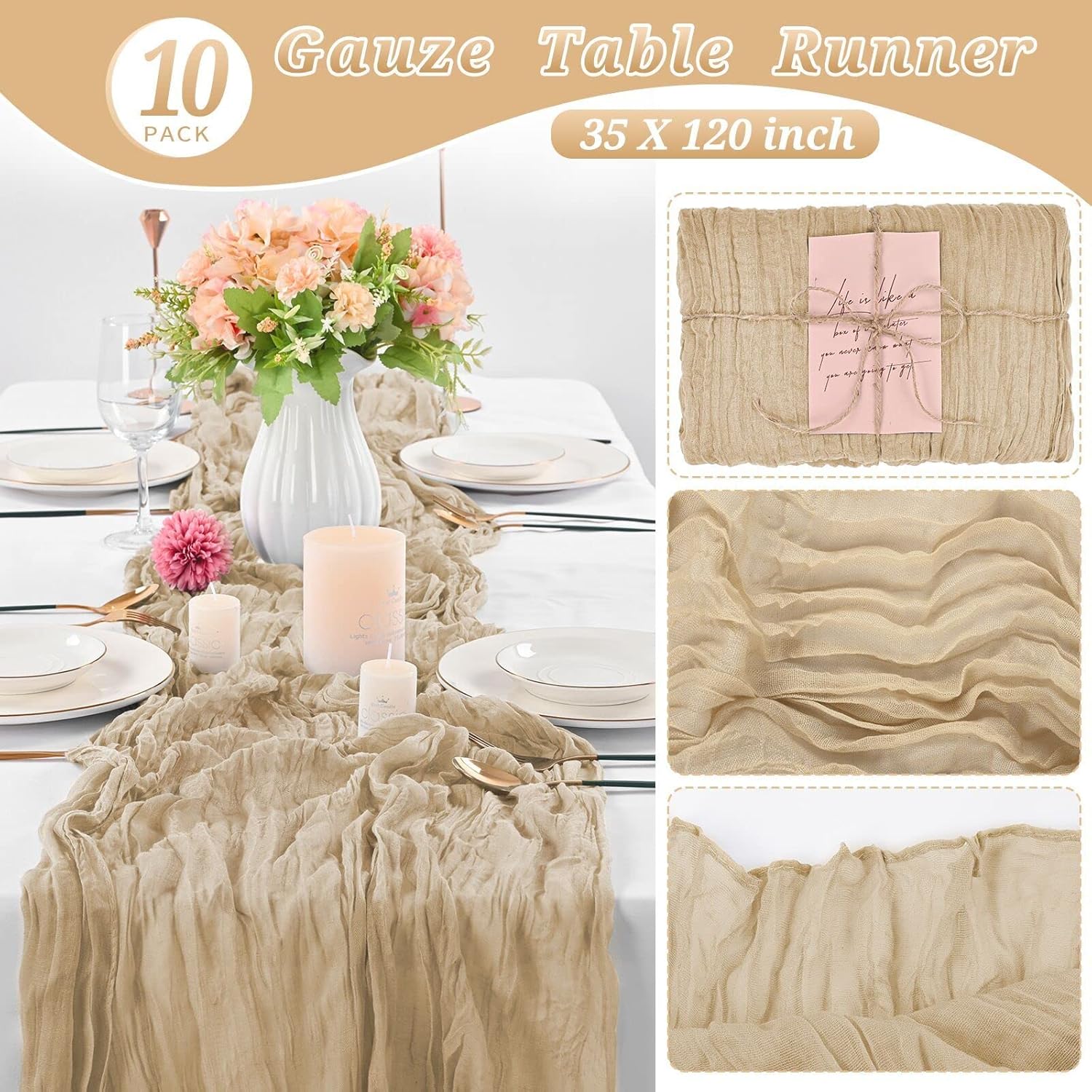 10 Pcs Beige Cheesecloth Table Runner 10FT, Gauze Table Runner for Wedding Reception Sheer Bridal Shower Birthday Party Boho Table Decoration, Rustic Romantic Wedding Runner