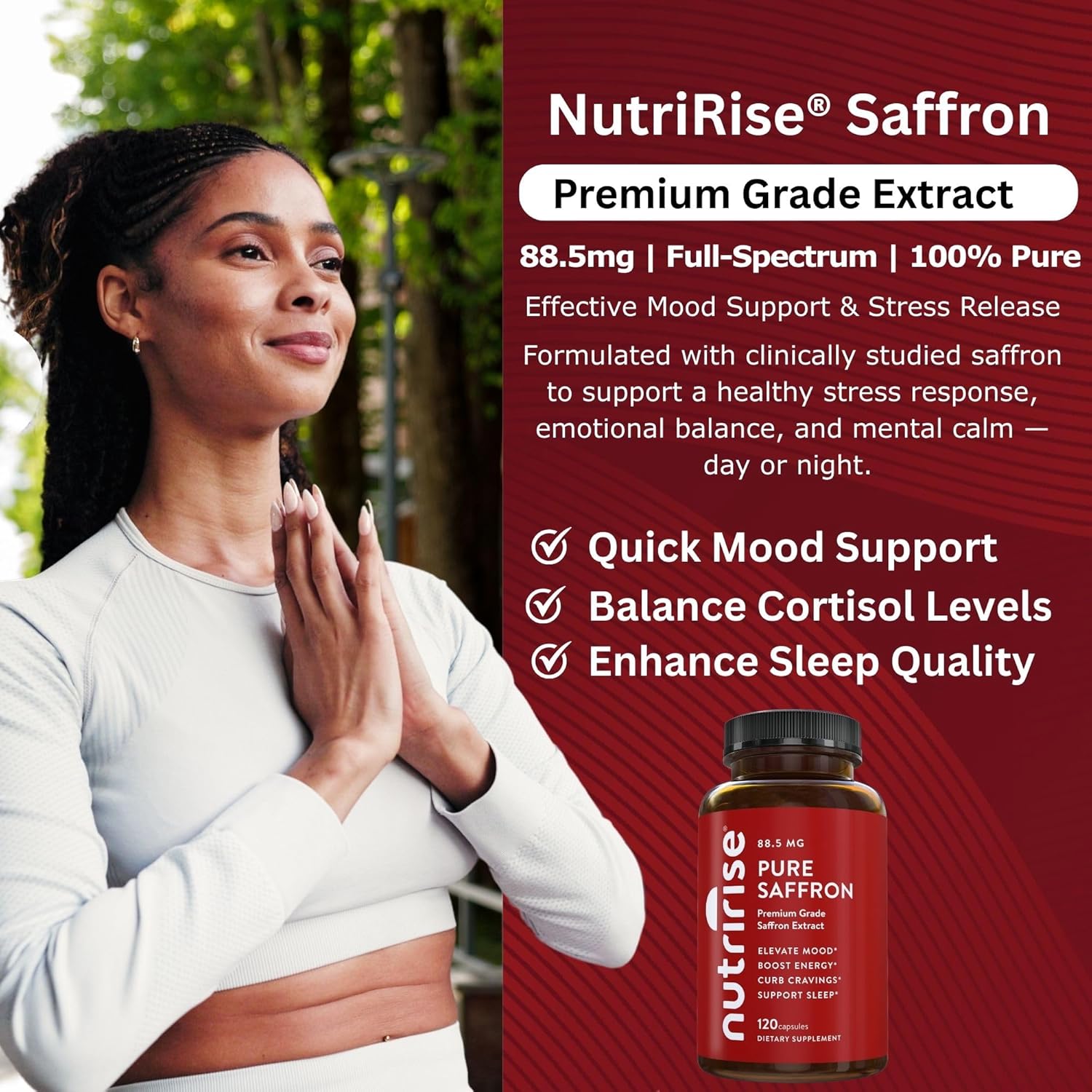 NutriRise Saffron Supplements 120 Capsules, 88.5mg Pure Extract - 4 Month Supply for Mood, Energy, Sleep, Stress & Cortisol Support - Non-GMO, Vegan & Gluten-Free for Women & Men - Image 6