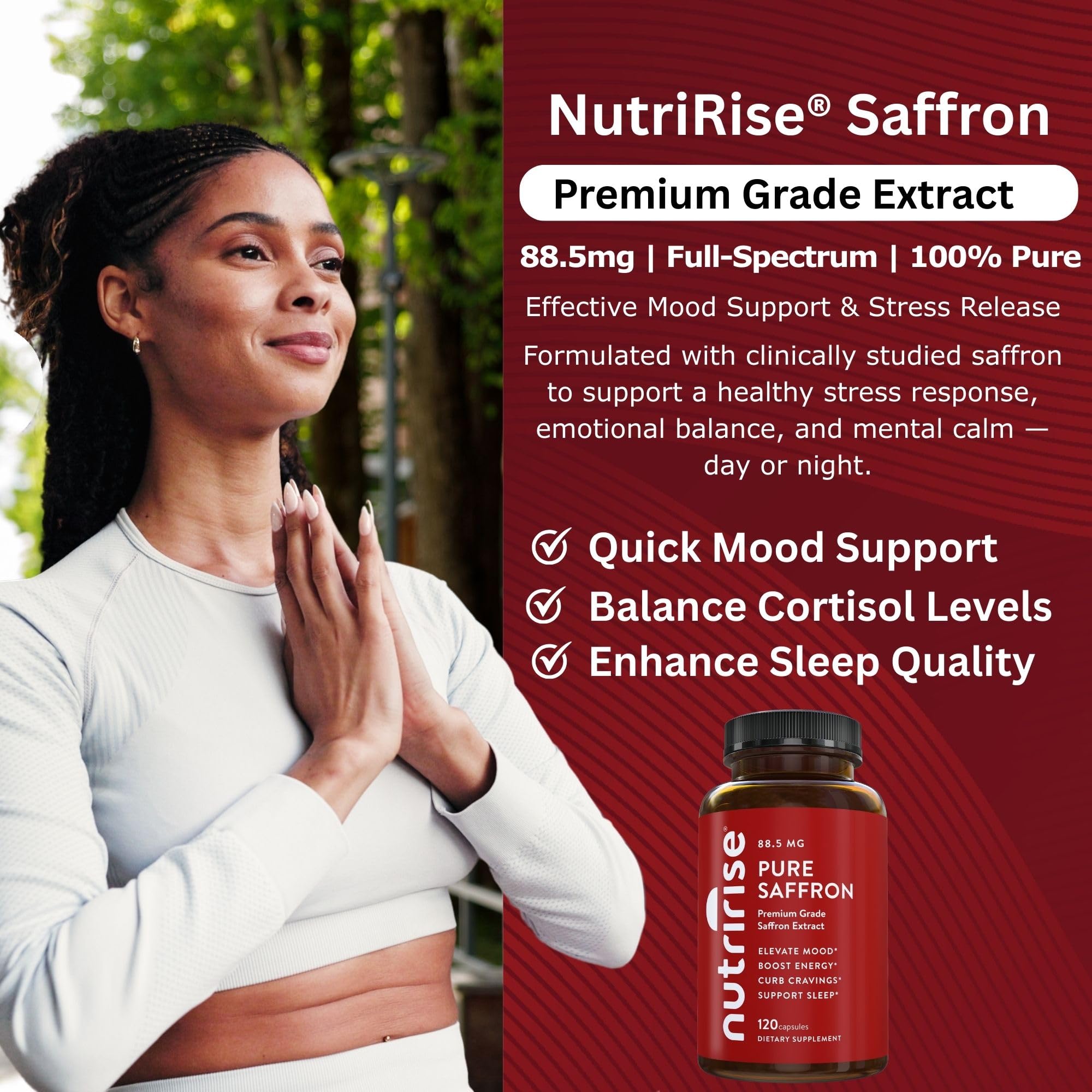 NutriRise Saffron Supplements 120 Capsules, 88.5mg Pure Extract - 4 Month Supply for Mood, Energy, Sleep, Stress & Cortisol Support - Non-GMO, Vegan & Gluten-Free for Women & Men — Amazon image 6