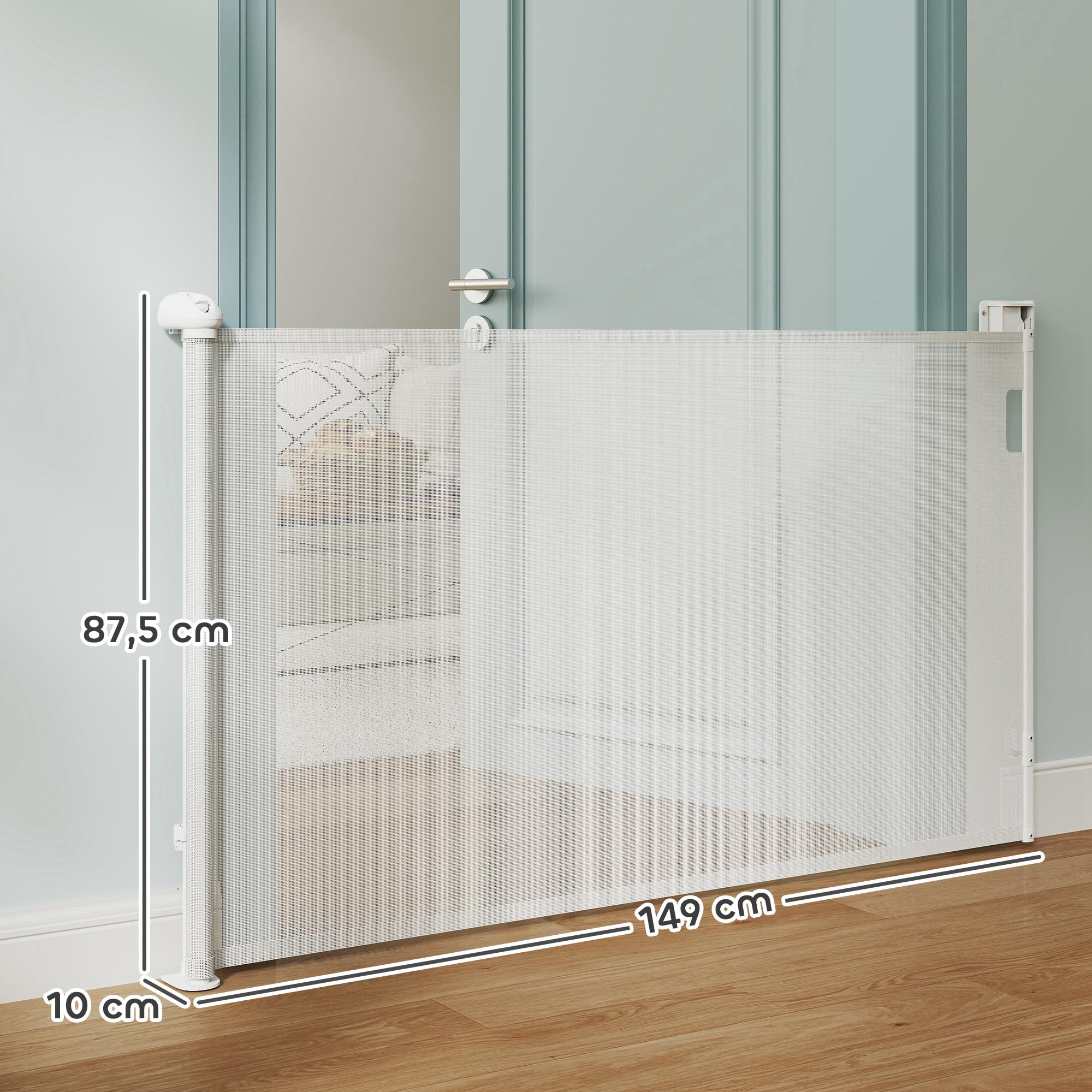 PawHut Barrière de sécurité Chien rétractable, Largeur 149 cm, Filet de Protection Extensible, barrière d'escalier et de Portes pour Chien Verrouillage Automatique, Blanc
