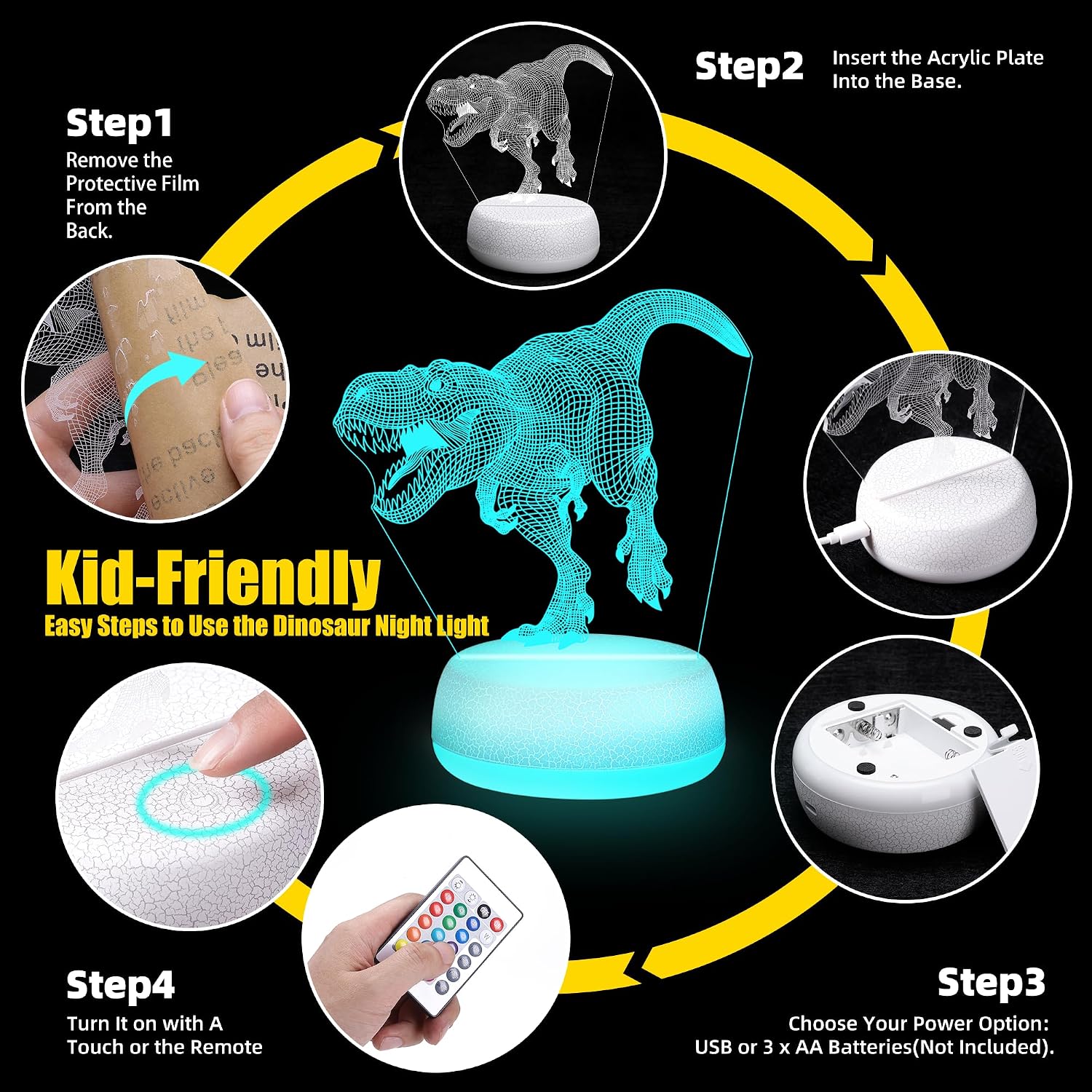 Dinosaur Night Light - 3D Acrylic 16 Color Changing Lamp with 3 Dino Patterns Remote Control, Kids Gift for Birthday Christmas