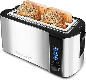 Elite Gourmet ECT-3100 Long Slot 4 Slice Toaster, Reheat, 6 Toast Settings, Defrost, Cancel Functions, Built-in Warming Rack, Extra Wide Slots for Bagels &amp; Waffles, Stainless Steel &amp; Black