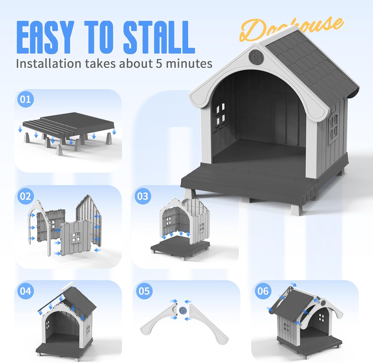 DRATO Dog House Resin Dog Kennel with Cute Elegant Design & Extended Elevated Floor, Dog Houses for Large Dogs Outside Weatherproof for Indoor & Outdoor Use,Black