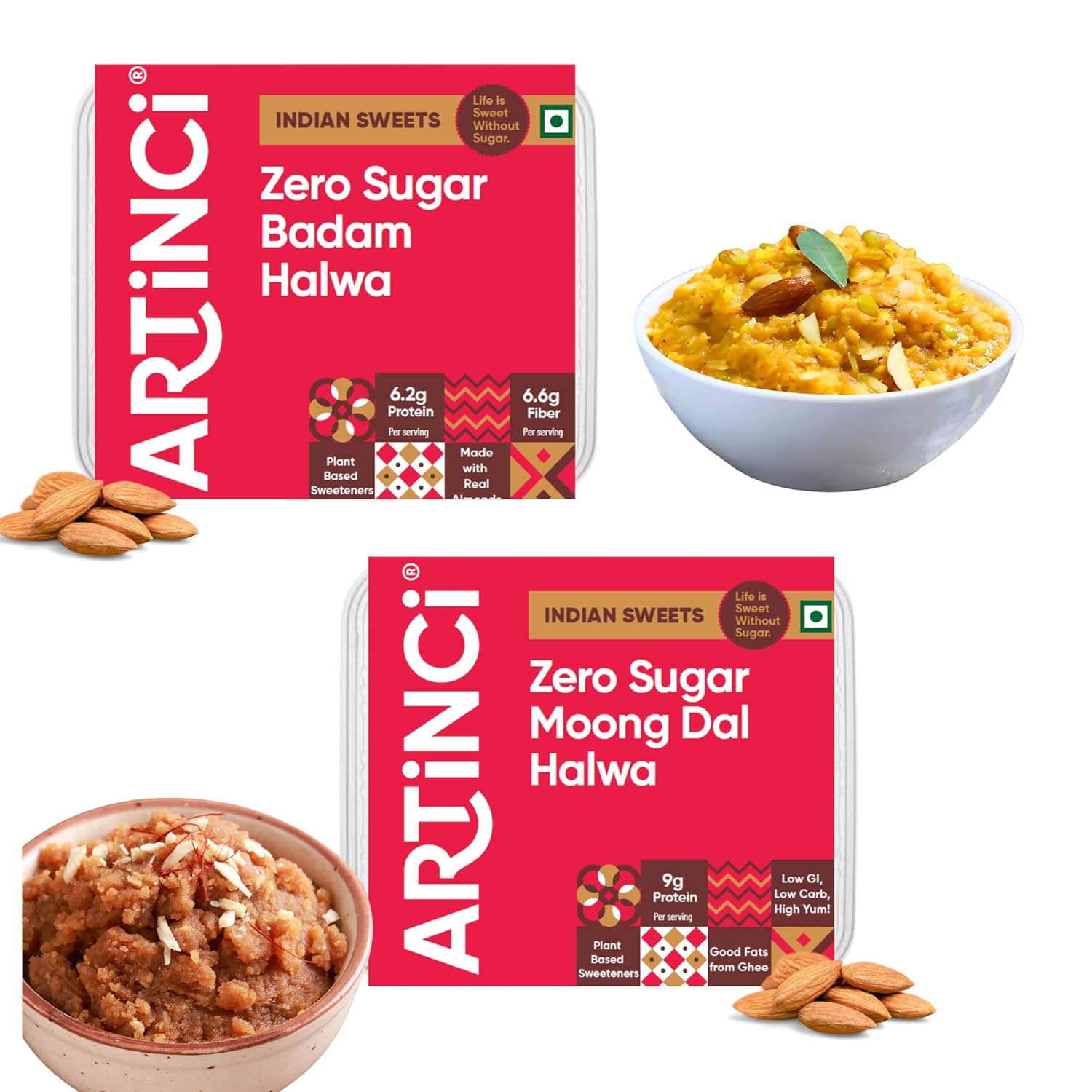 Artinci Sugar-Free Badam & Moong Dal Halwa Combo (200gm X 2) with Pure Ghee, High-Protein Almond Halwa, Diabetic-Friendly Indian Sweet, Stevia-Sweetened, No Bitterness or Preservatives, Ready-to-Eat