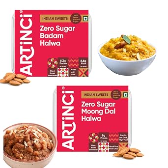 Artinci Sugar-Free Badam & Moong Dal Halwa Combo 200gm X 2 with Pure Ghee, High-Protein Almond Halwa, Diabetic-Friendly Indian Sweet, Stevia-Sweetened, No Bitterness or Preservatives, Ready-to-Eat