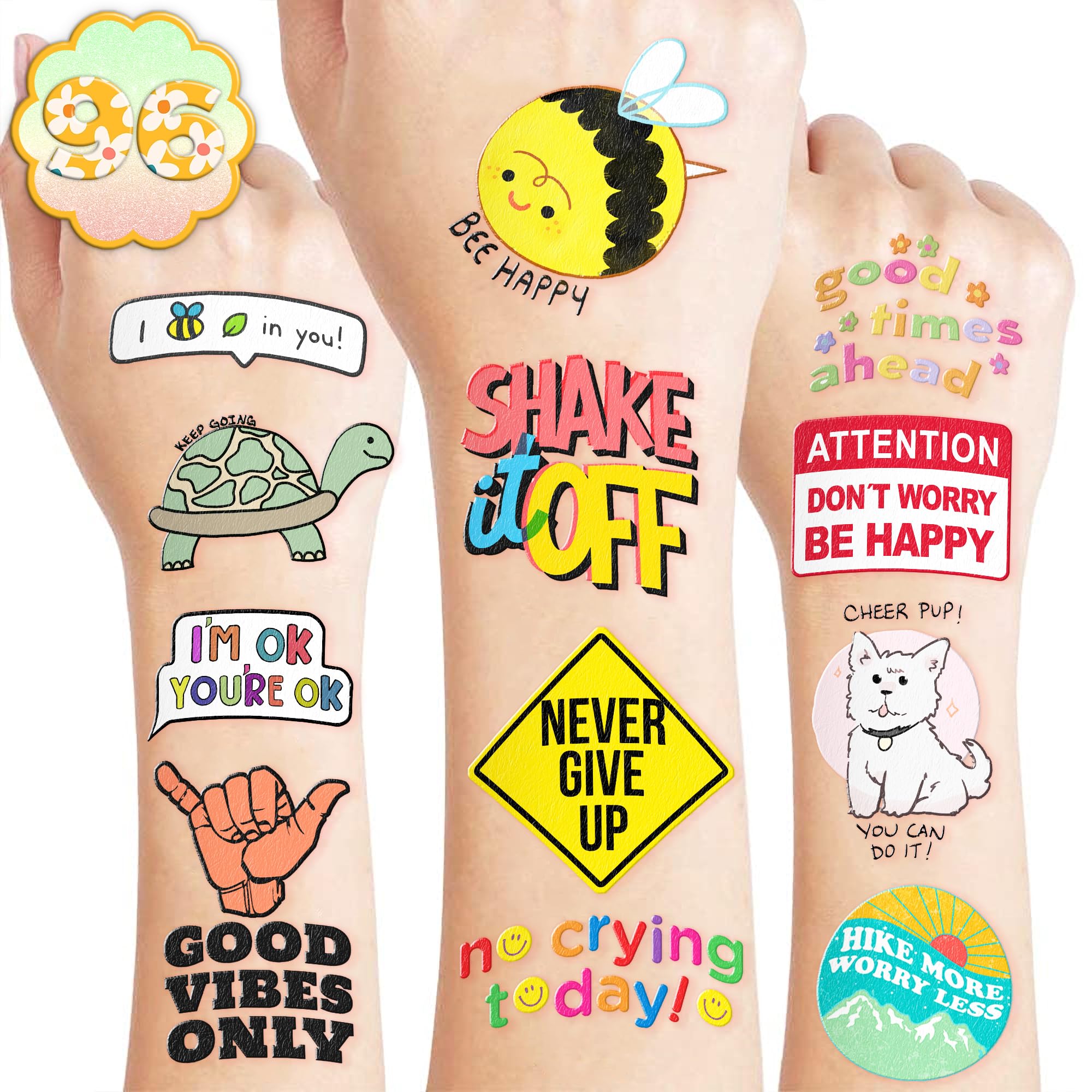 96PCS Motivational Pre-Cut Temporary Tattoos – Inspirational Quote Tattoos for Women, Adults, Teens, and Kids – Birthday Party Favors, School Prizes, Rewards, and Gifts