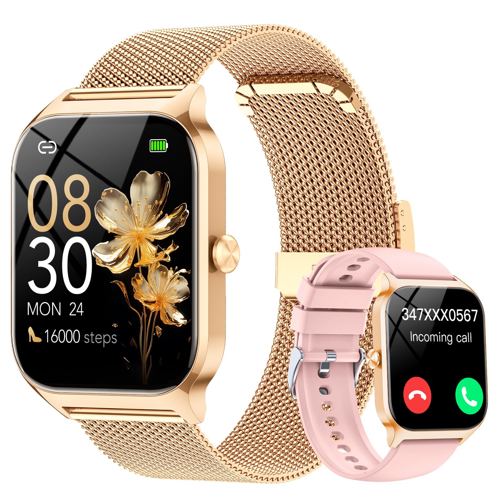 2025 New Smart Watch for Women with 1.85" HD Fitness Tracker, Answer/Make Calls,120+ Sports Modes, Heart Rate/SpO2/Sleep Monitor/Step Tracking, Compatible with Android iPhone, Gold & Pink Dual Strap