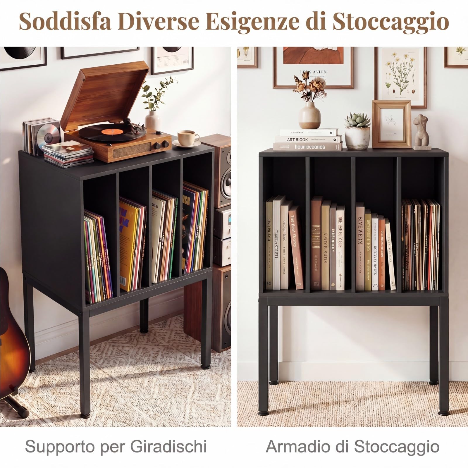 COSTWAY Mobile Porta Giradischi, Supporto per Vinili in Legno con Stazione di Ricaricae, 4 Scomparti, Gambe Rialzate in Metallo, Scaffale per Dischi per Soggiorno e Sala Musicale, 50 x 40 x 81 cm