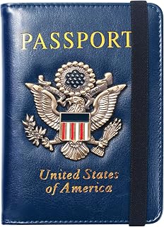 Passport Holder for Travel Men Women, RFID Blocking Passport Cover Leather Passport Wallet With 3D Metal Badge Waterproof Passport Case Travel Wallets Accessories Document Organizer (Navy Blue)