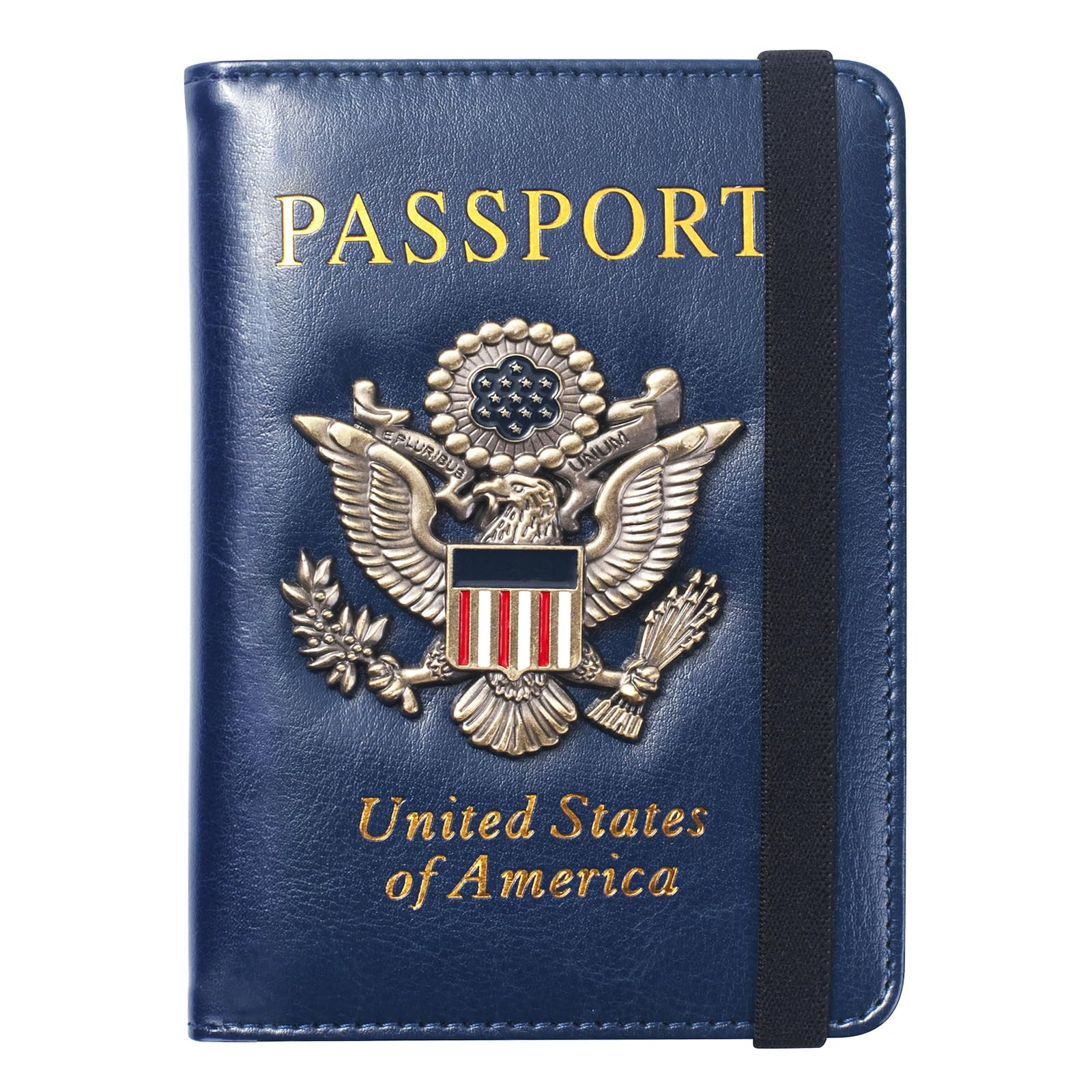 Passport Holder for Travel Men Women, RFID Blocking Passport Cover Leather Passport Wallet With 3D Metal Badge Waterproof Passport Case Travel Wallets Accessories Document Organizer (Navy Blue)