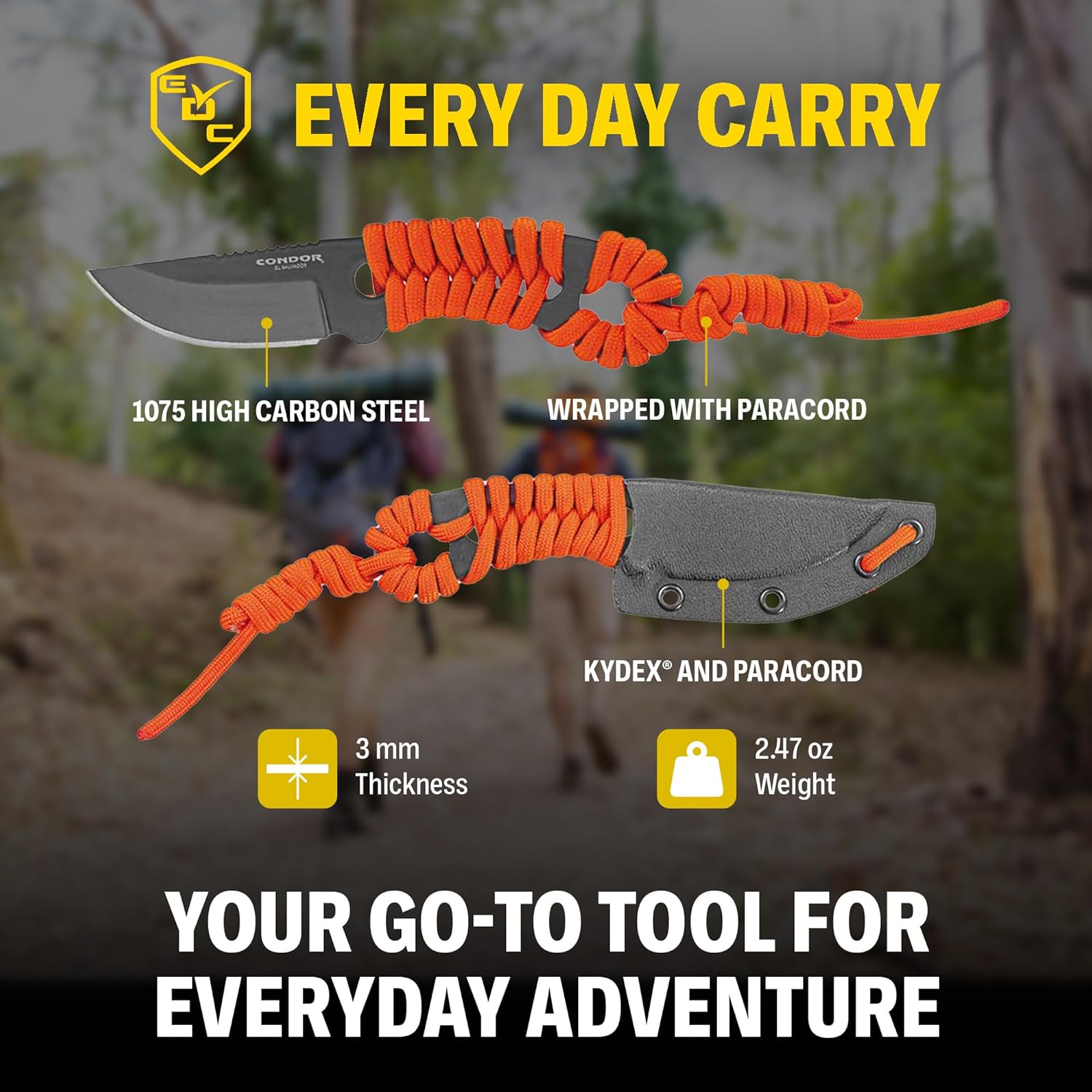 Condor Tool & Knife Carlitos Neck Knife Orange | Pocket Sized 1075 HC Stainless Steel Full Tang Knife with Black Kydex and Paracord Sheath | Fixed Blade Knife | 2.51in Blade | 2.47oz