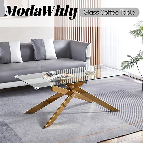 Miniatura 4 de Mesa de centro de cristal, mesa central rectangular moderna con parte superior de vidrio templado y patas de metal dorado, mesas de té para sala de