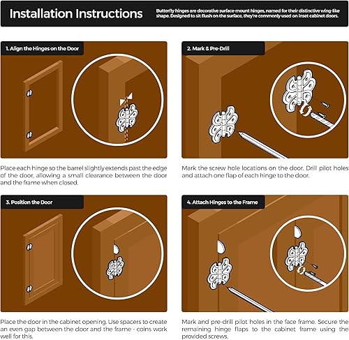 Miniatura 5 de Bisagras de mariposa chapadas en cobre antiguo, paquete de 2, bisagras de puerta de gabinete de montaje en superficie, herrajes para muebles,