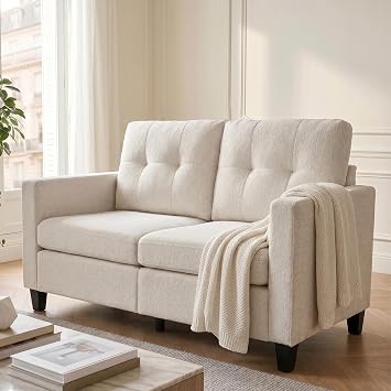 JIEXI 2-Seater Sofa, Modern Mid-Century Loveseat with Breathable Fabric and Solid Wood Legs, Compact Couch for Small Living Room, Bedroom or Office, Beige